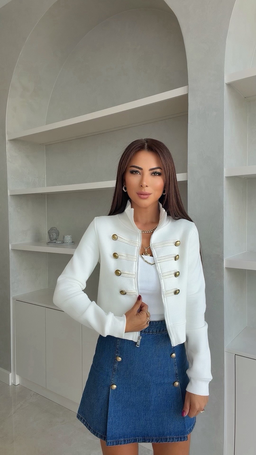 Mirev Kadın Gold Düğmeli Fermuarlı Ekru Ceket