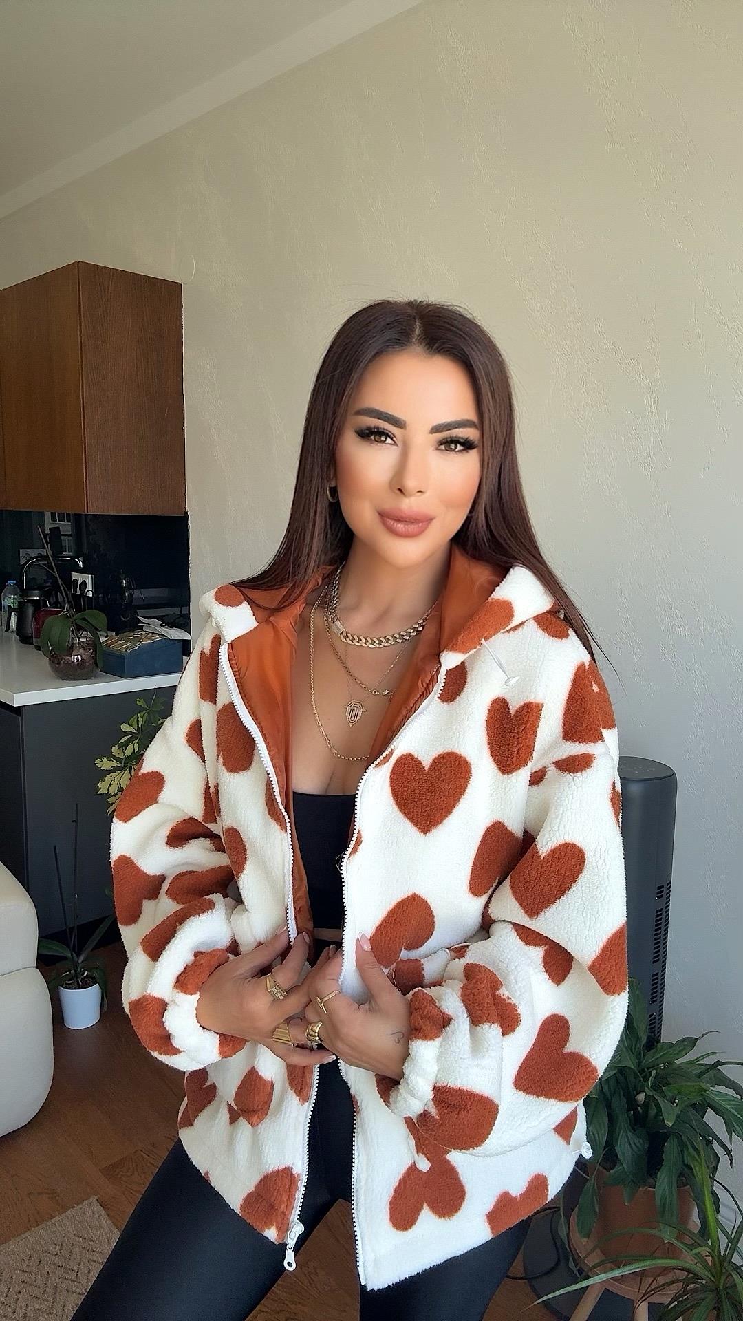 Muse Kadın Kalp Desenli Kiremit Peluş Mont