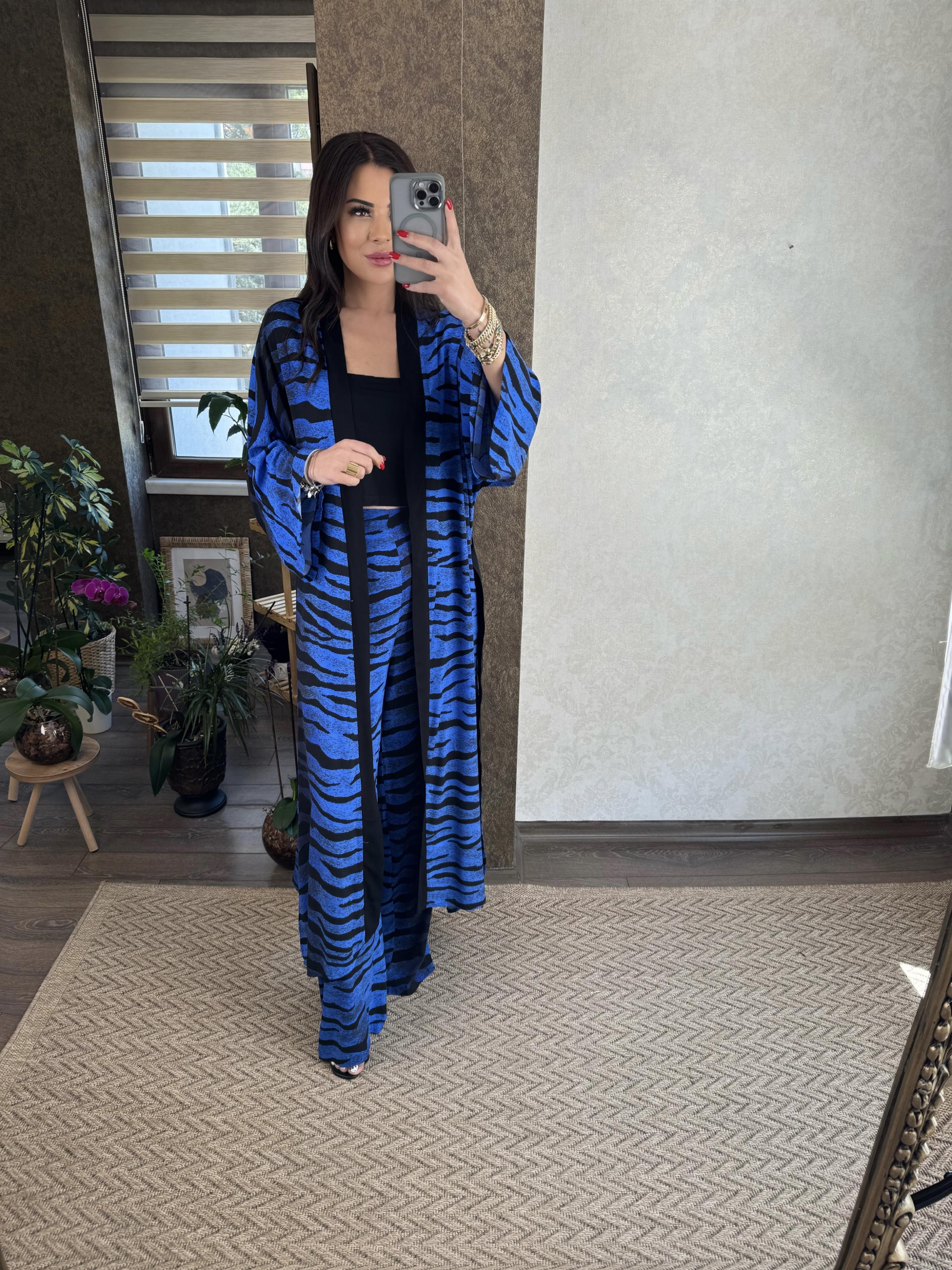 Naser Kadın Mavi Zebra Desenli Kimonolu Takım