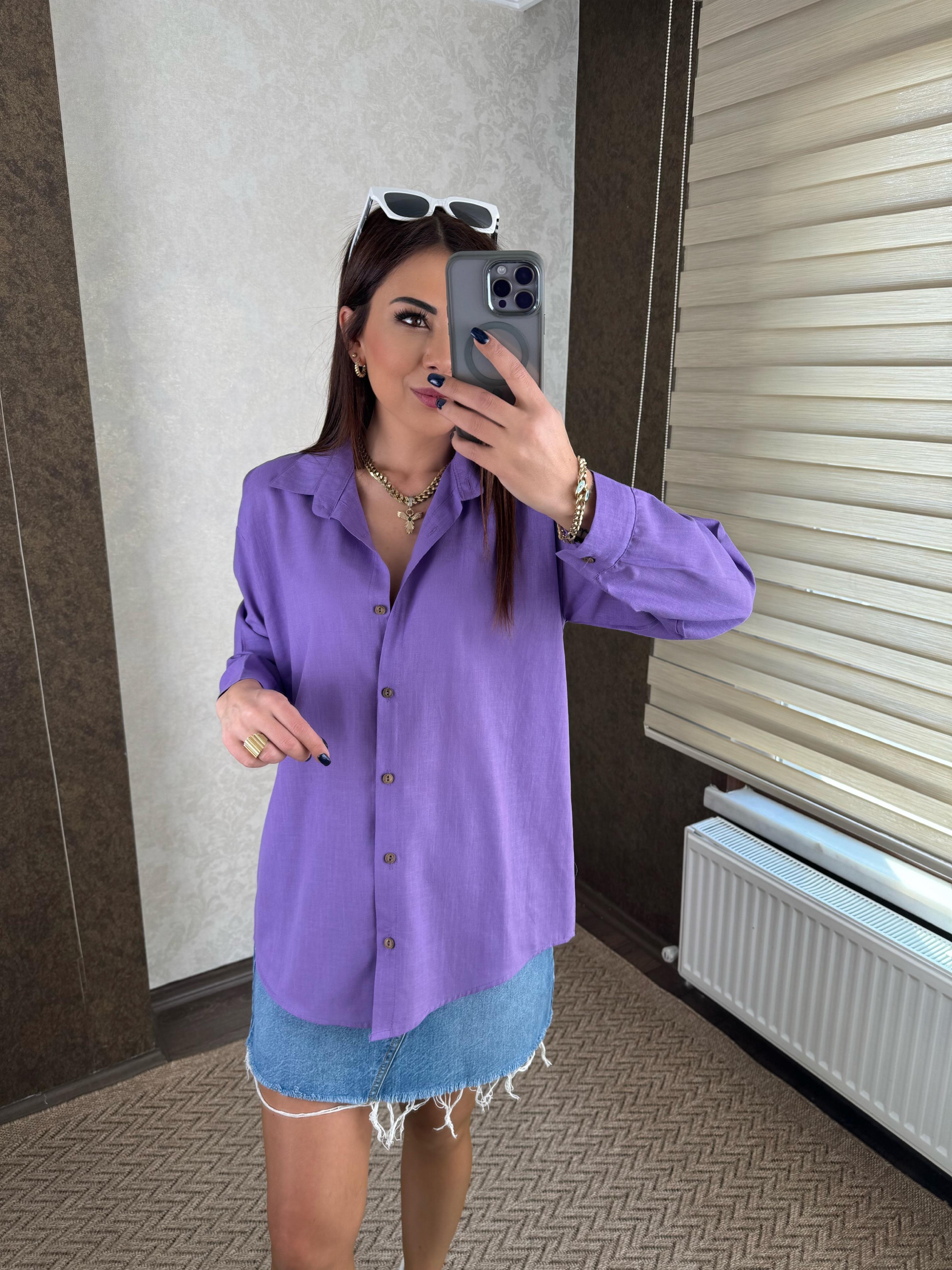 Nora Kadın Keten Oversize Mor Gömlek