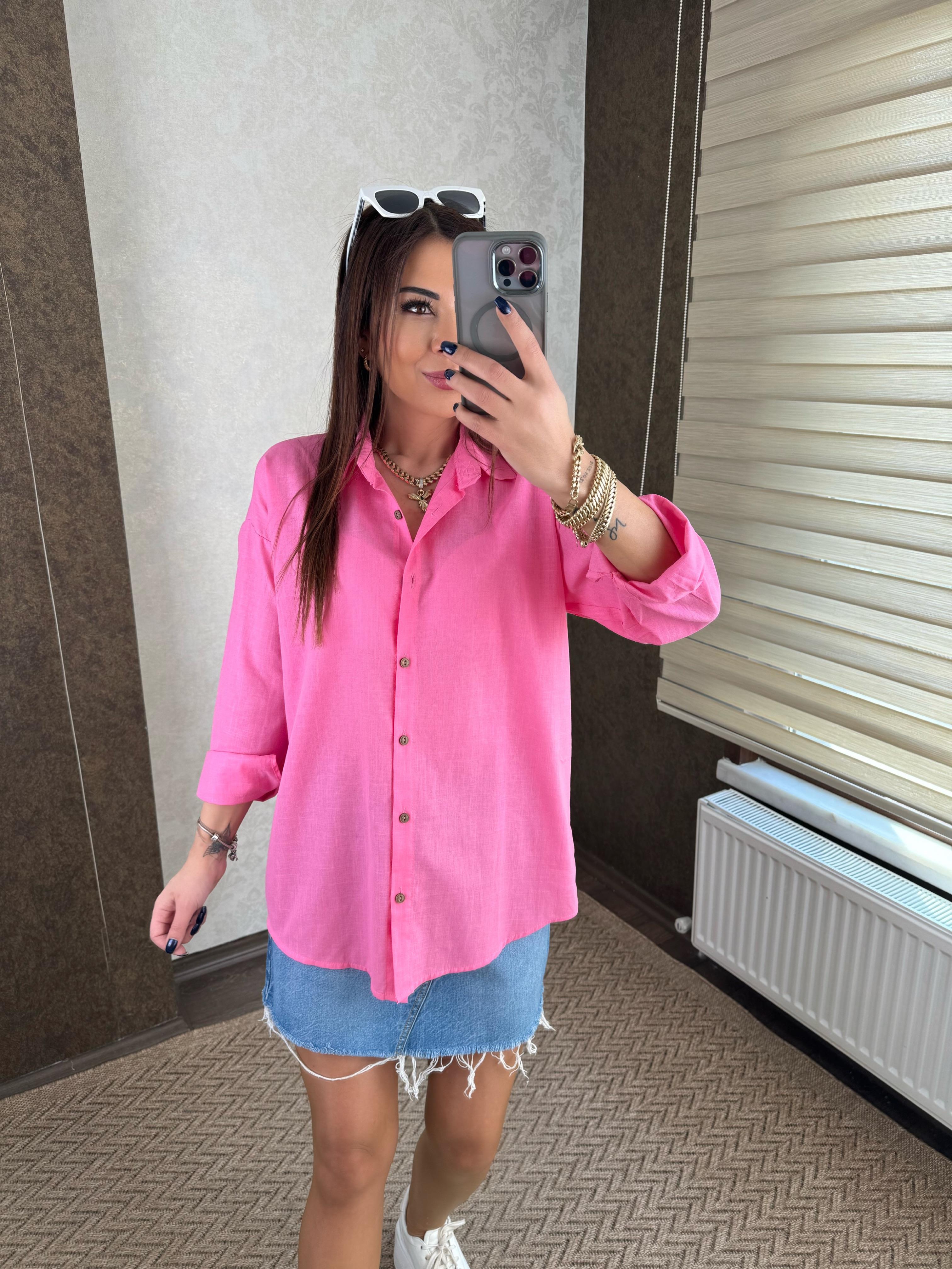 Nora Kadın Keten Oversize Pembe Gömlek