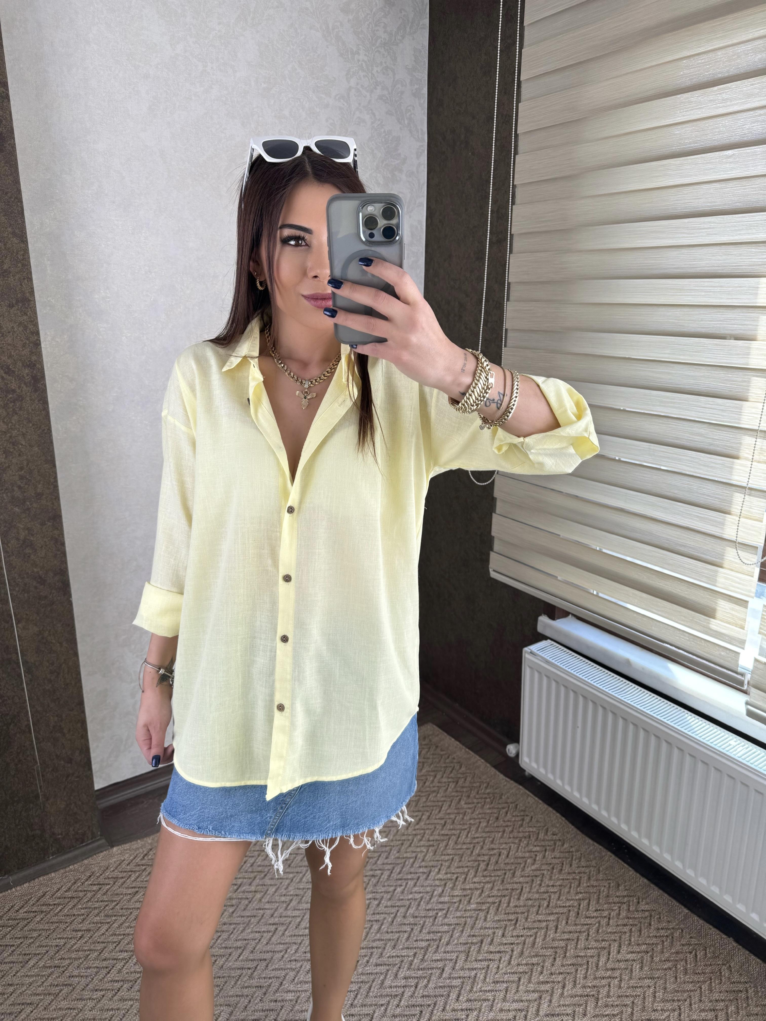 Nora Kadın Keten Oversize Sarı Gömlek