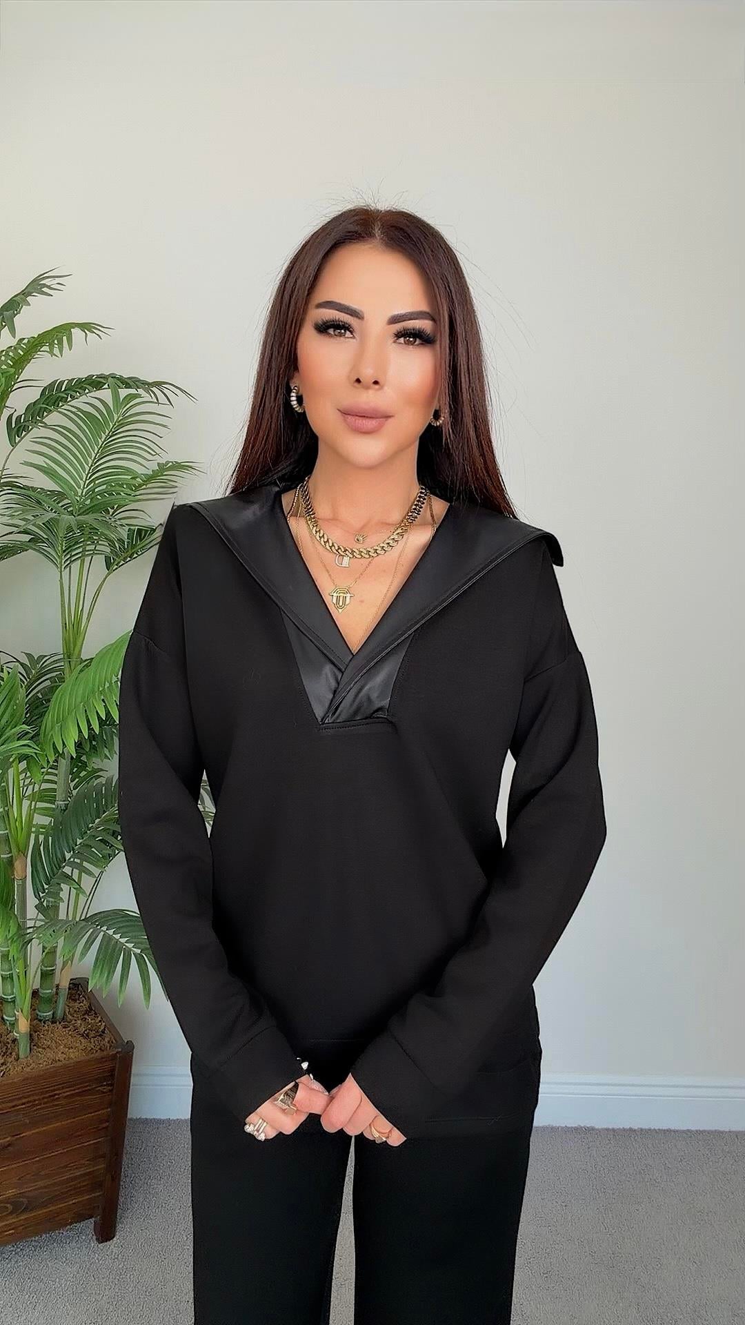 Noyan Kadın Yaka Deri Detaylı Siyah Takım