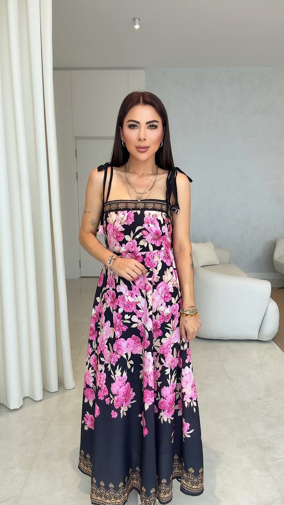 Pase Kadın Pembe Siyah Çiçek Desenli Elbise