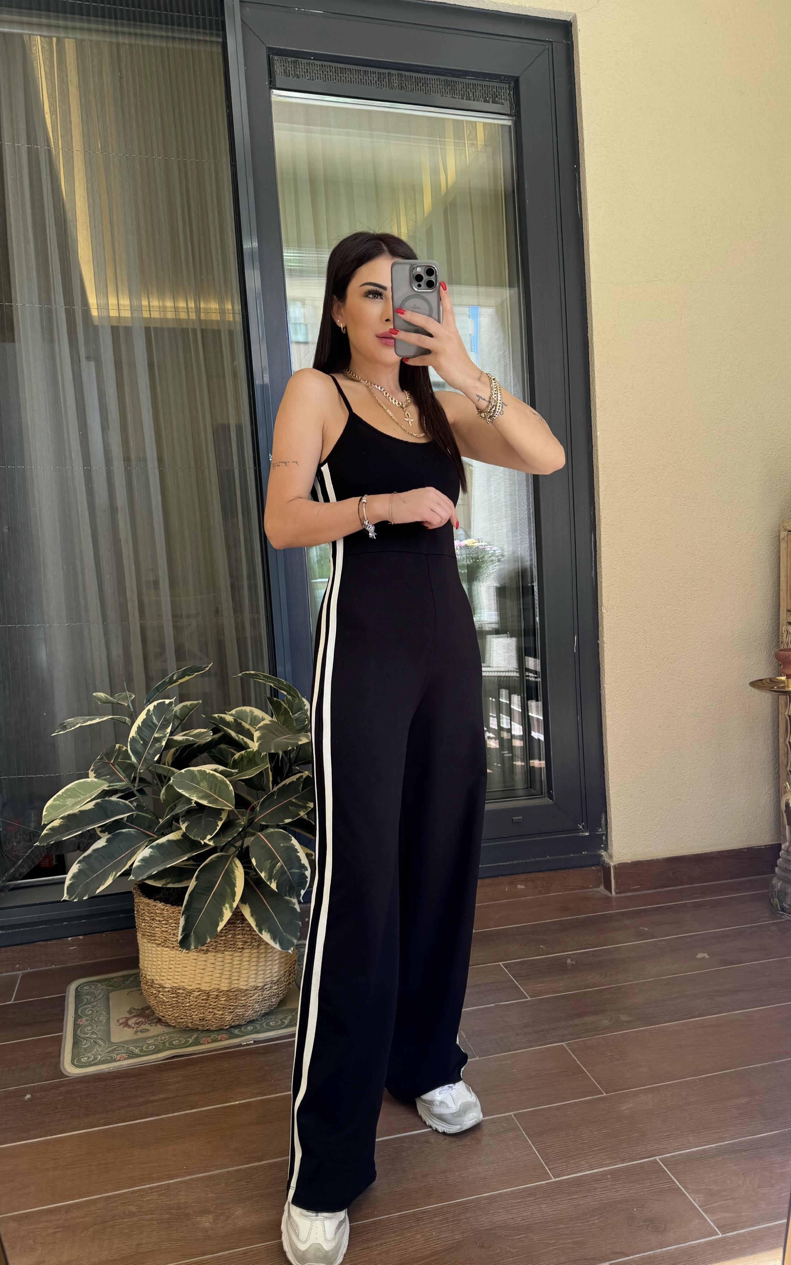 Poppy Kadın İp Askılı Çizgi Detaylı Siyah Tulum