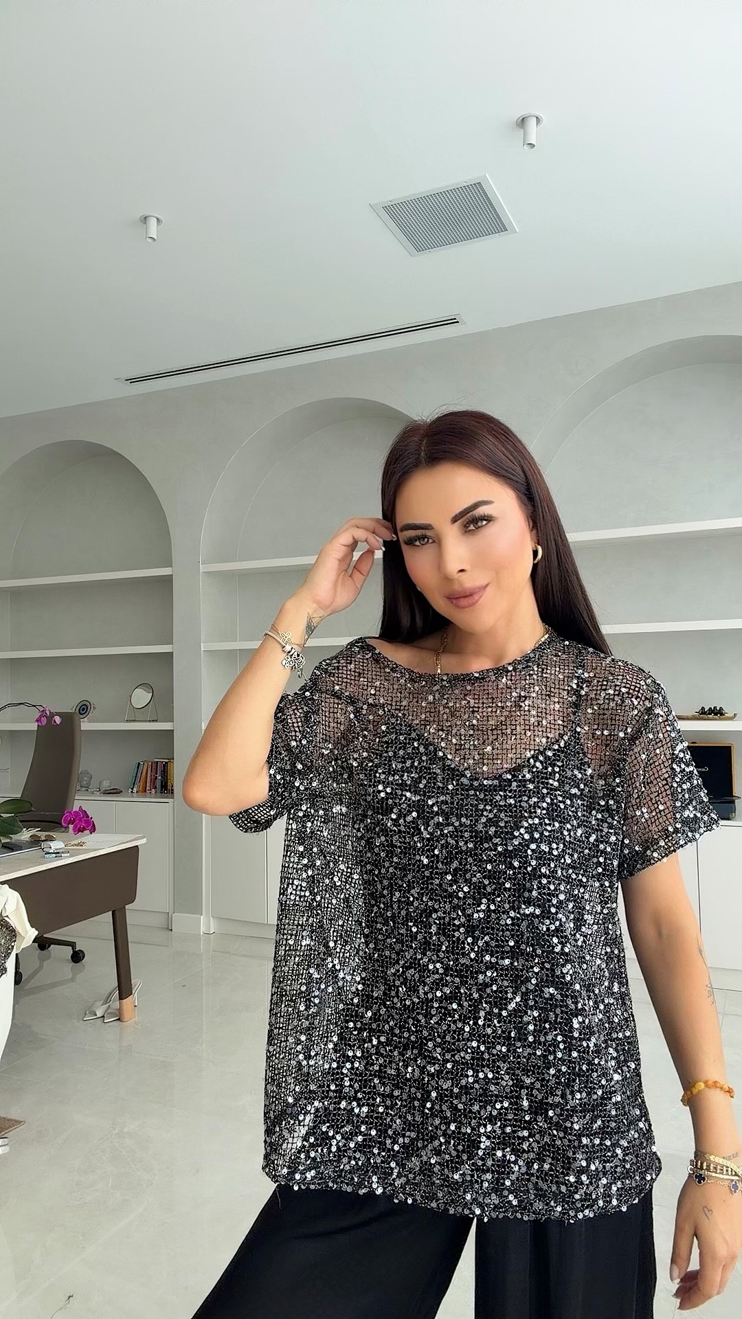 Pulin Kadın Pullu Payetli Gri Bluz