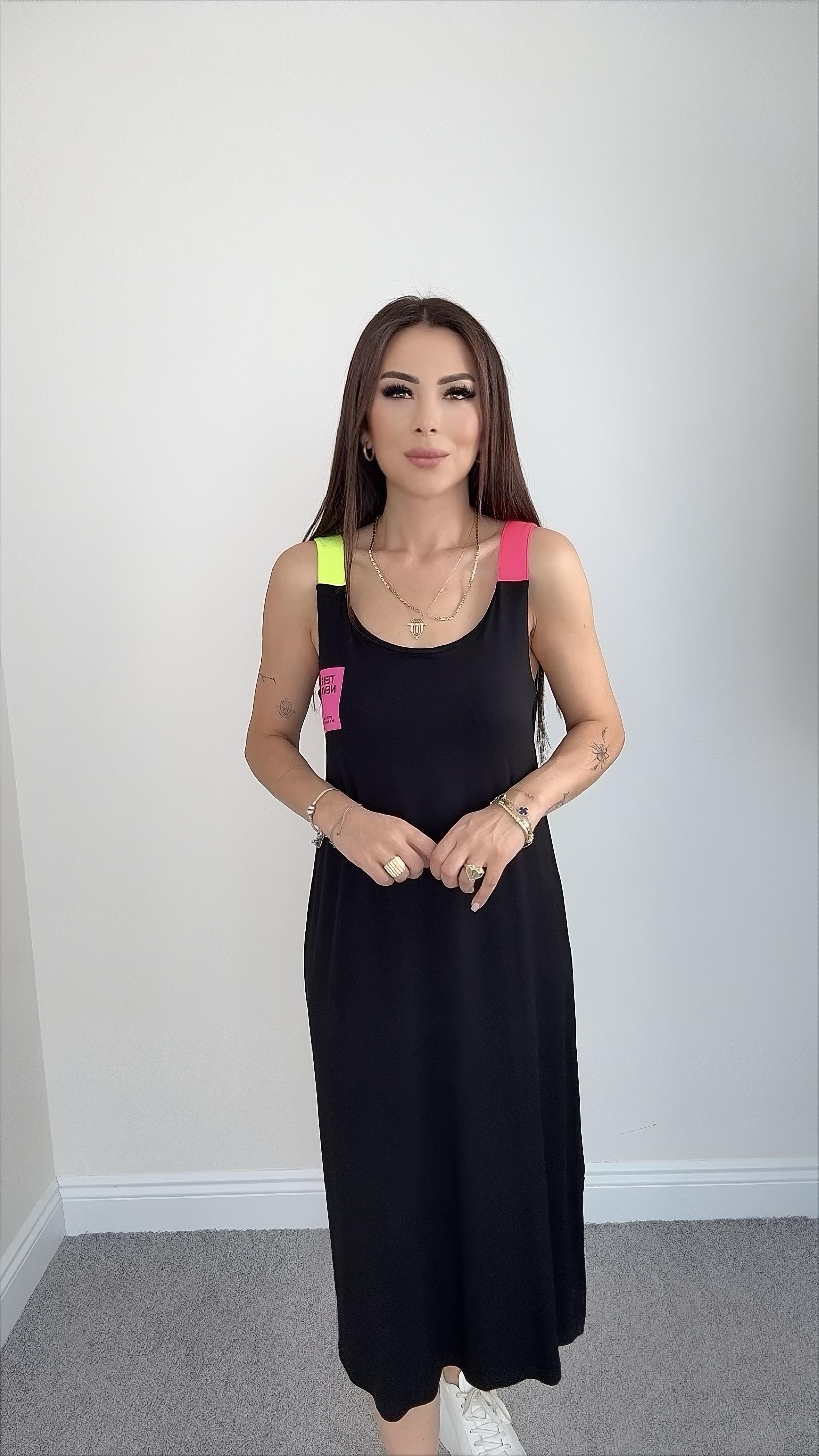 Reba Kadın Neon Askı Detaylı Siyah Midi Elbise