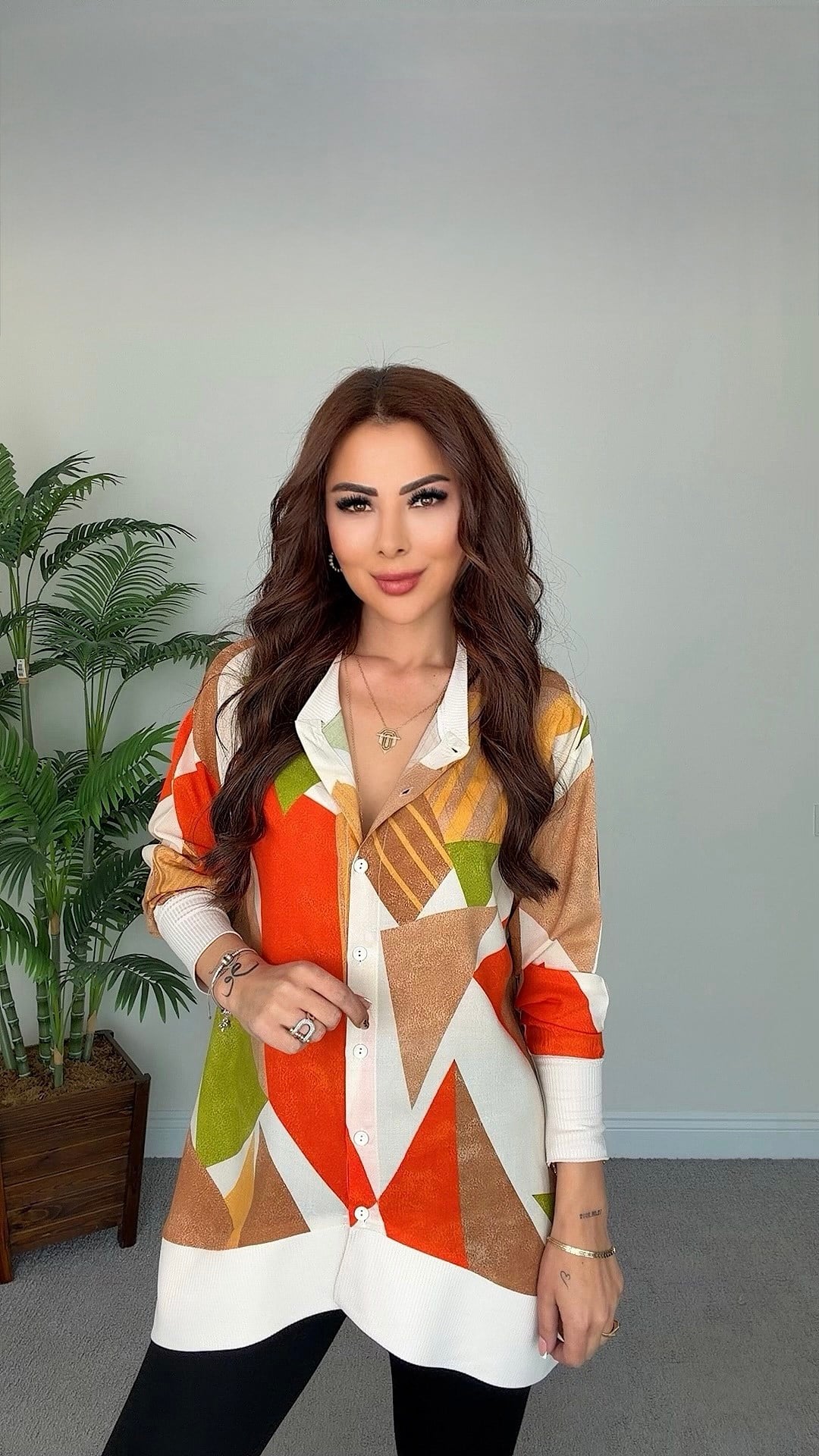 Rella Kadın Bej Kahve Desenli  Gömlek Bluz