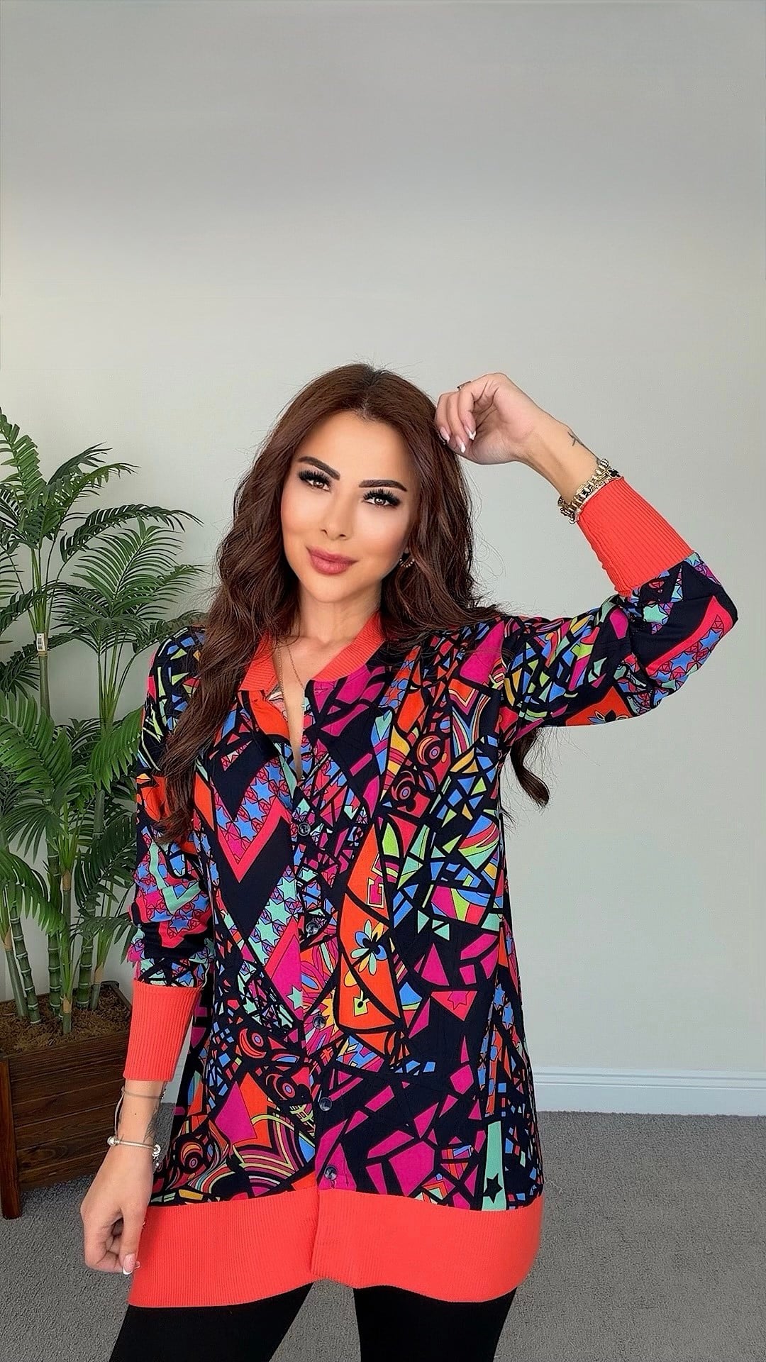 Rella Kadın Pembe Turuncu Desenli  Gömlek Bluz