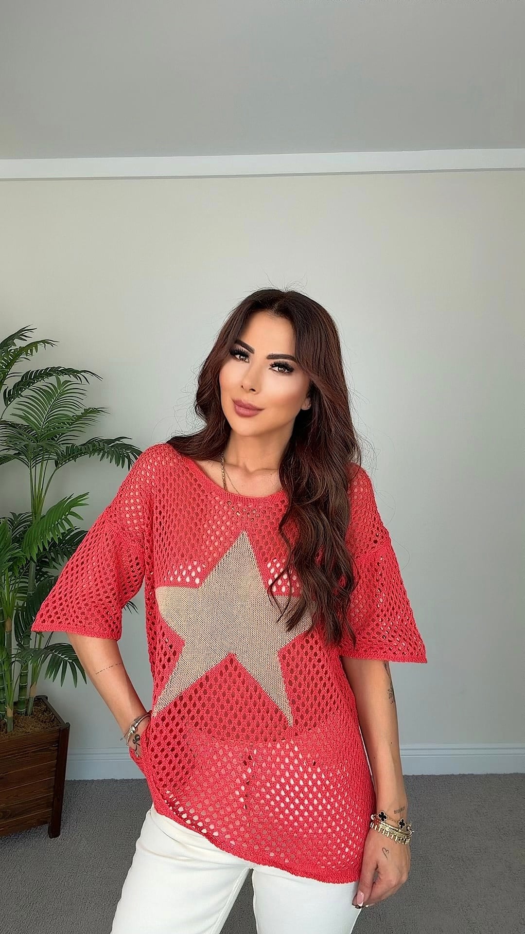 Ruru Kadın Yıldız Detaylı Nar Çiçeği  Triko Bluz