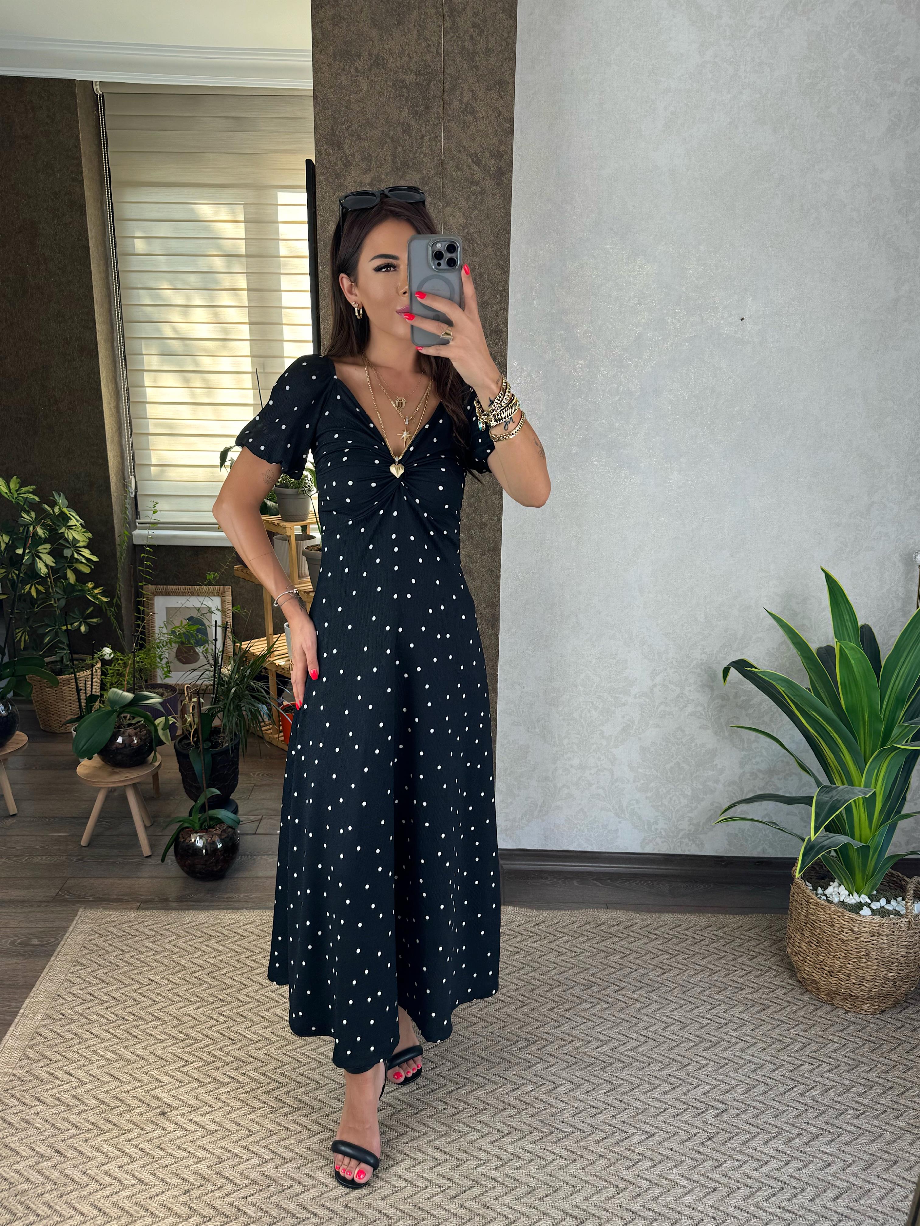 Sane Kadın Siyah Puantiyeli Maxi Boy Elbise