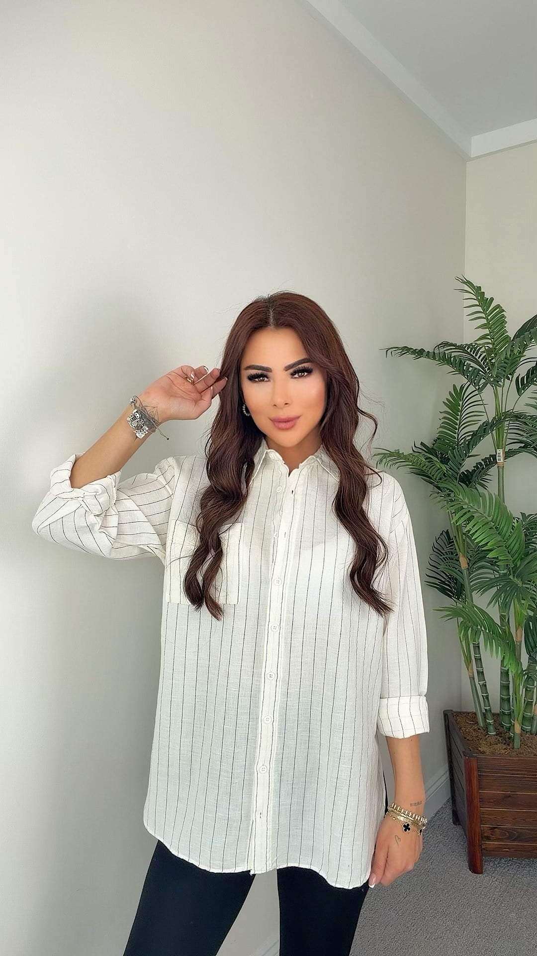 Sastan Kadın Bej Çizgili Oversize Gömlek