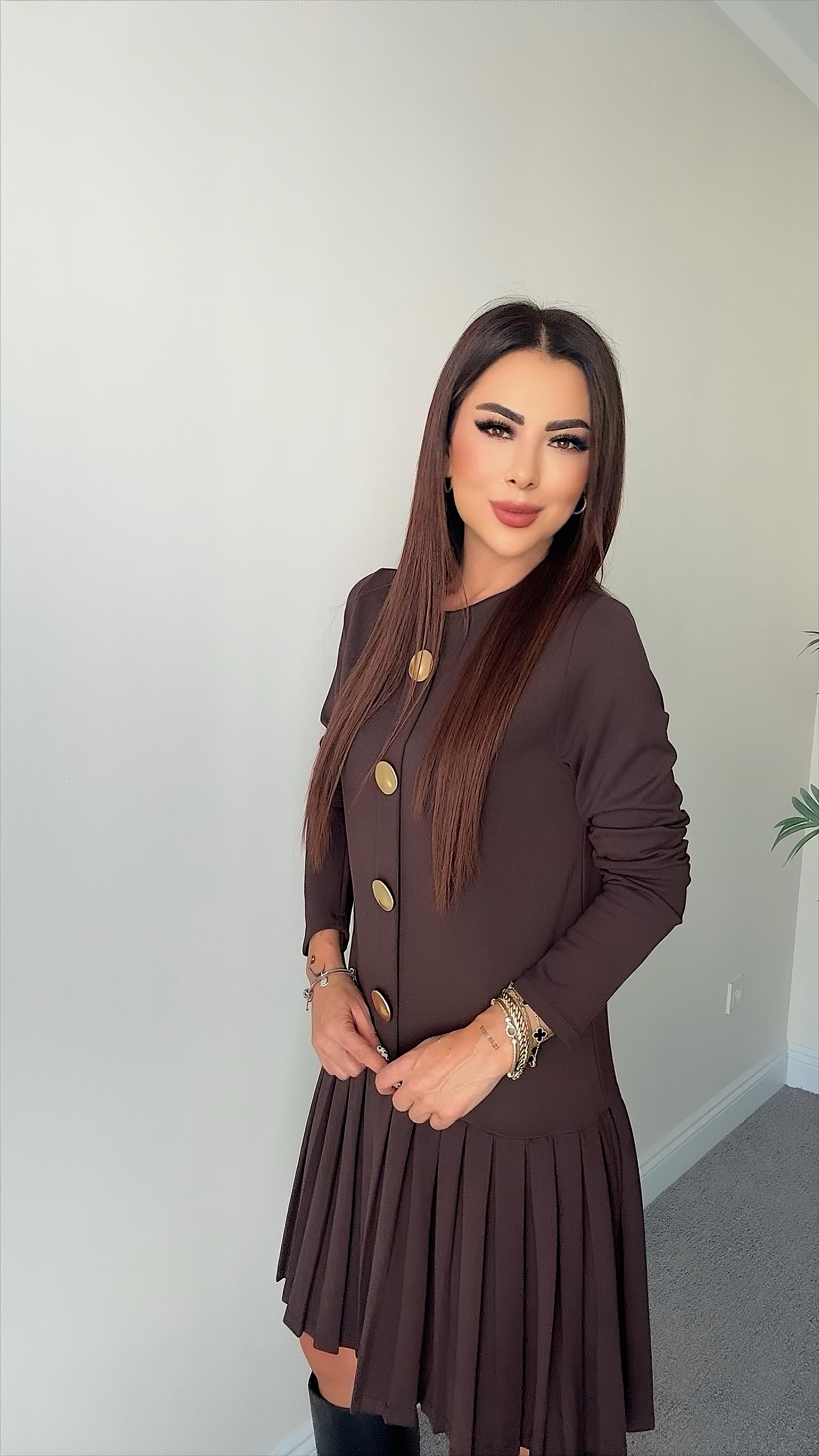 Sissa Kadın Düğme Detaylı Acı Kahve Pileli  Elbise
