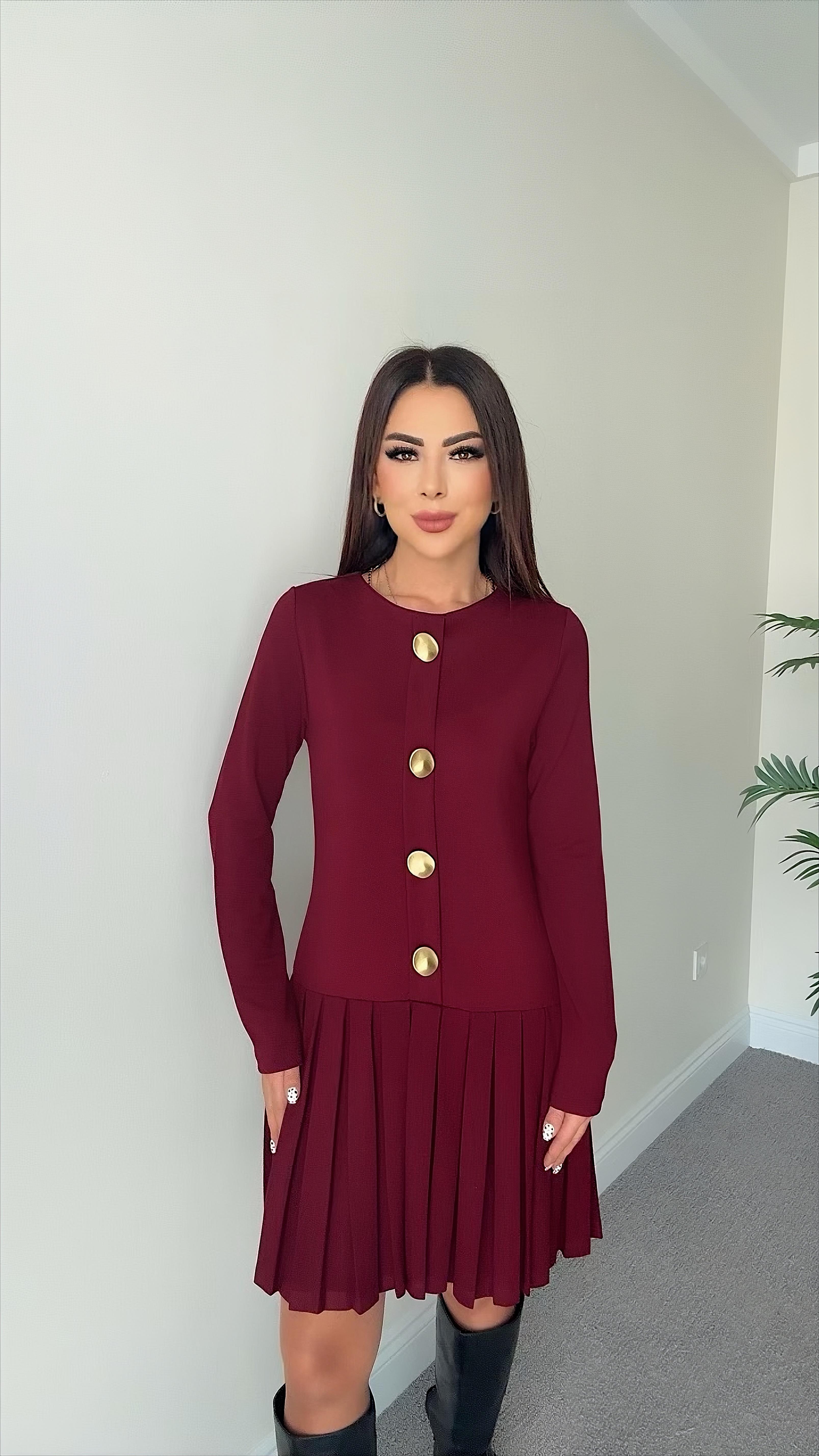 Sissa Kadın Düğme Detaylı Pileli Bordo Elbise