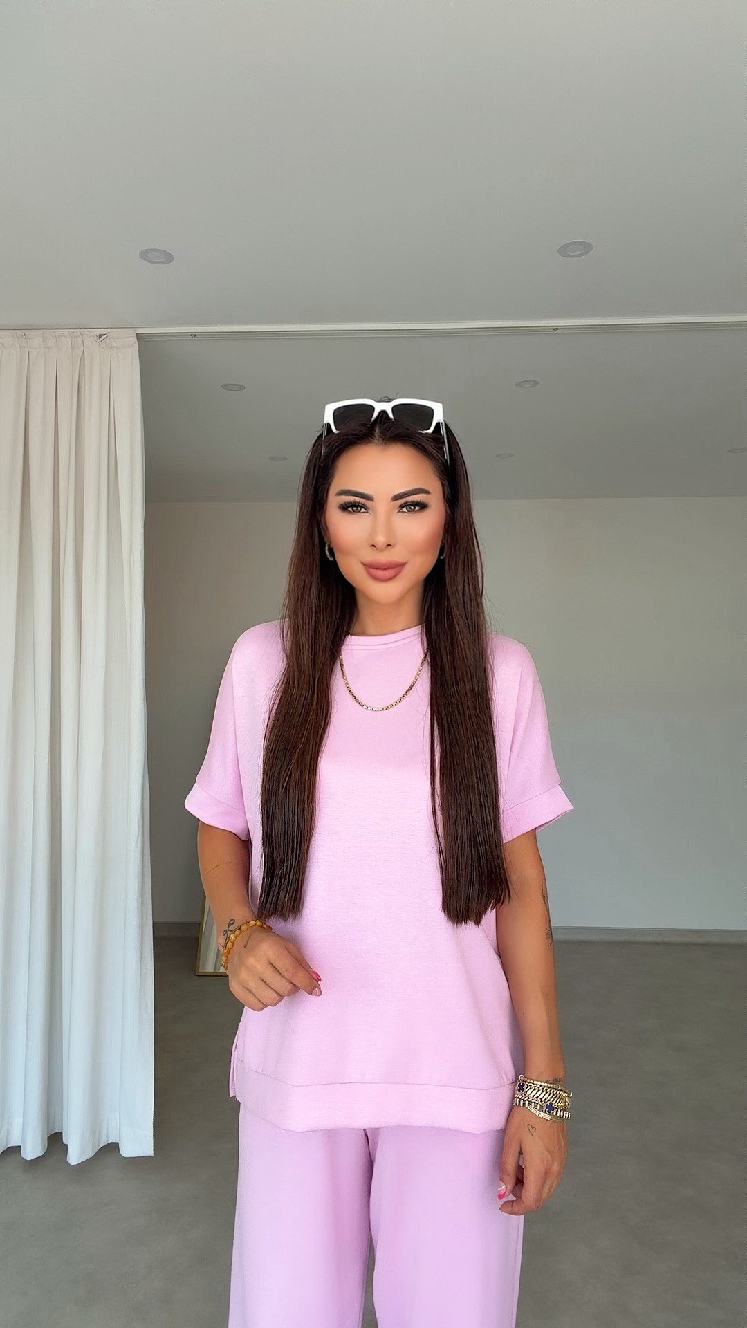 Sonin Kadın Yırtmaç Detaylı Pembe Takım
