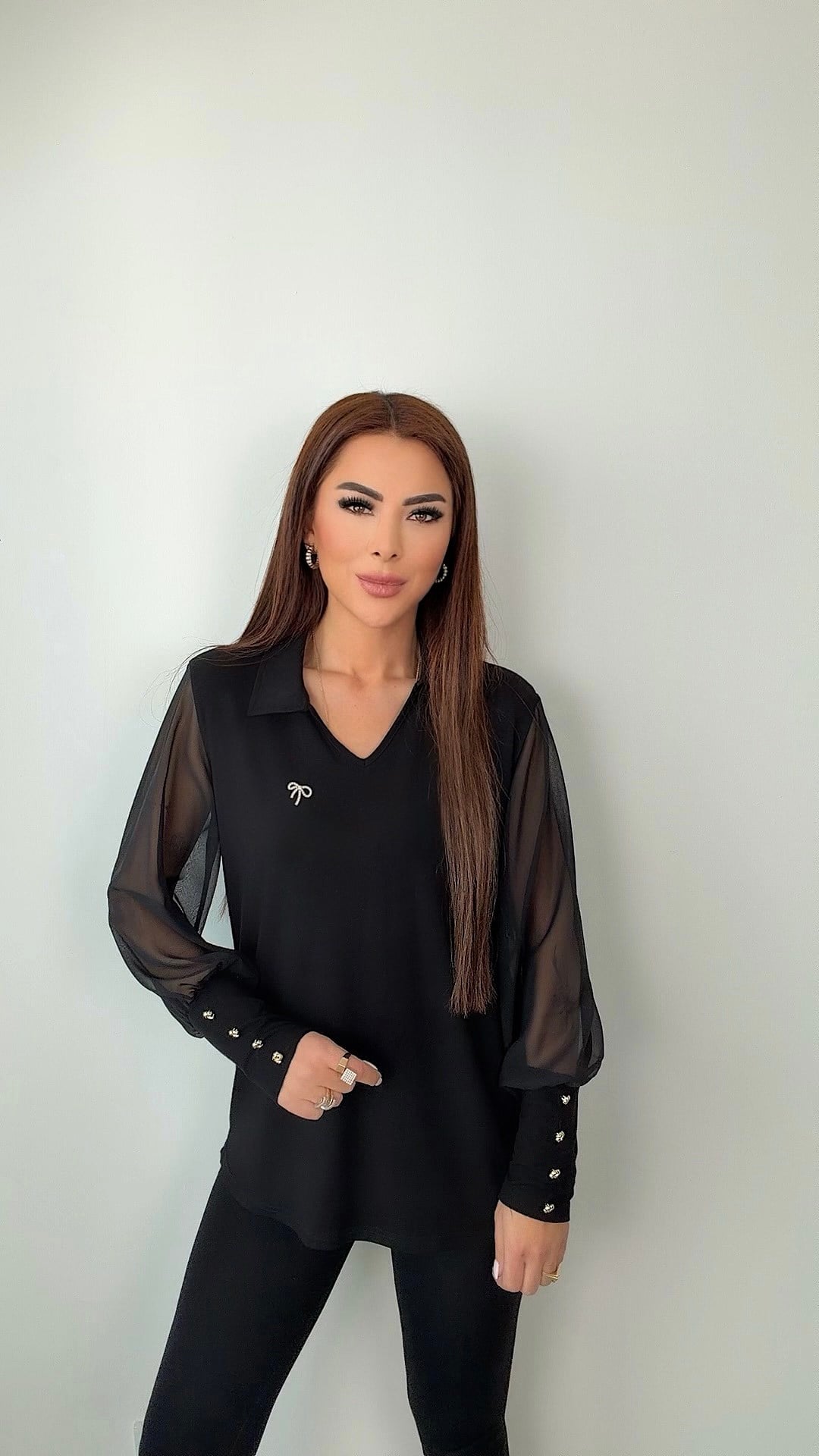 Suen Kadın Kol Şifon Detaylı Siyah Bluz