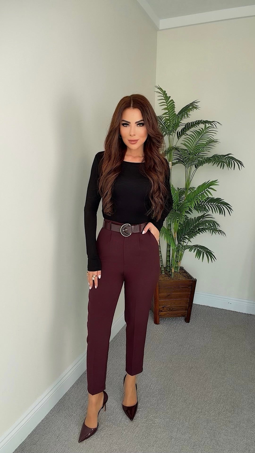 Tina Kadın Yüksek Bel Kemerli Mürdüm Pantolon