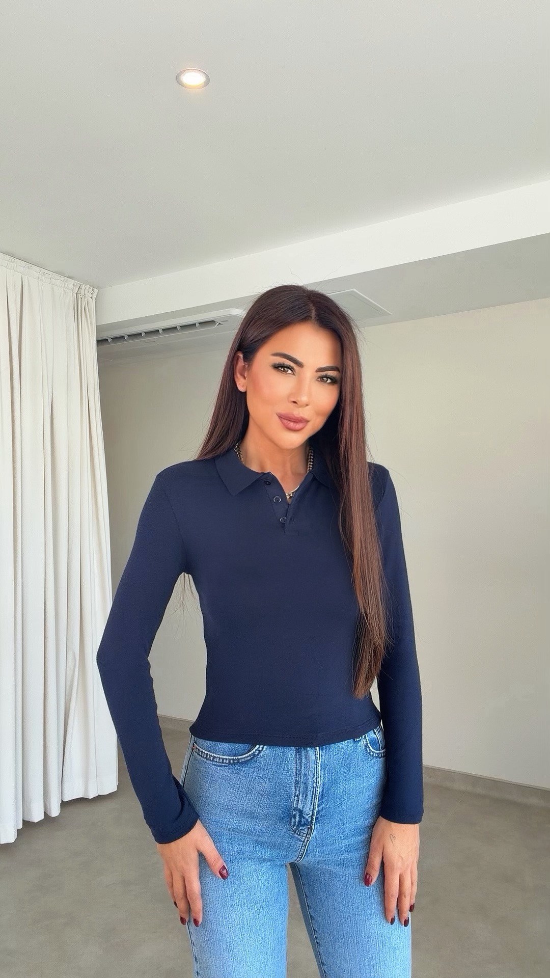 Wassen Kadın Modal Düğmeli Lacivert Bluz