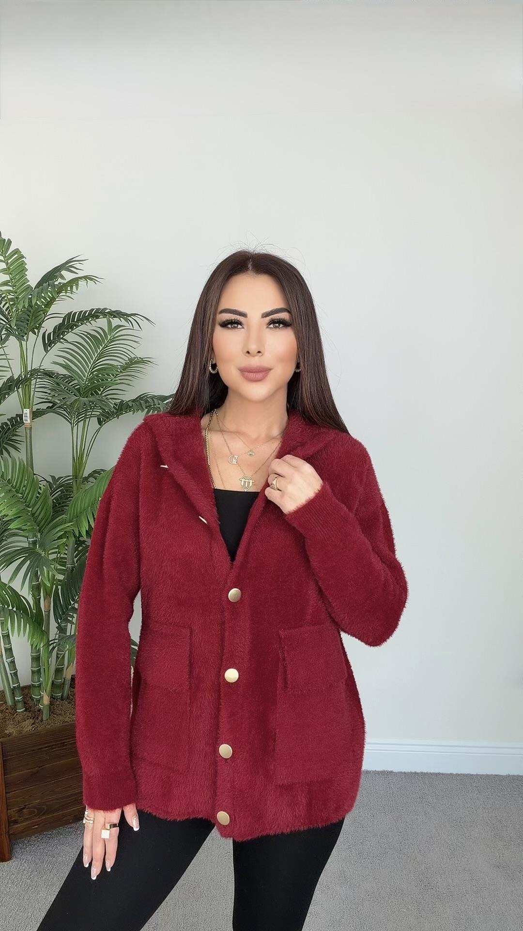 Zelda Kadın Kapüşonlu Bordo Ceket Hırka