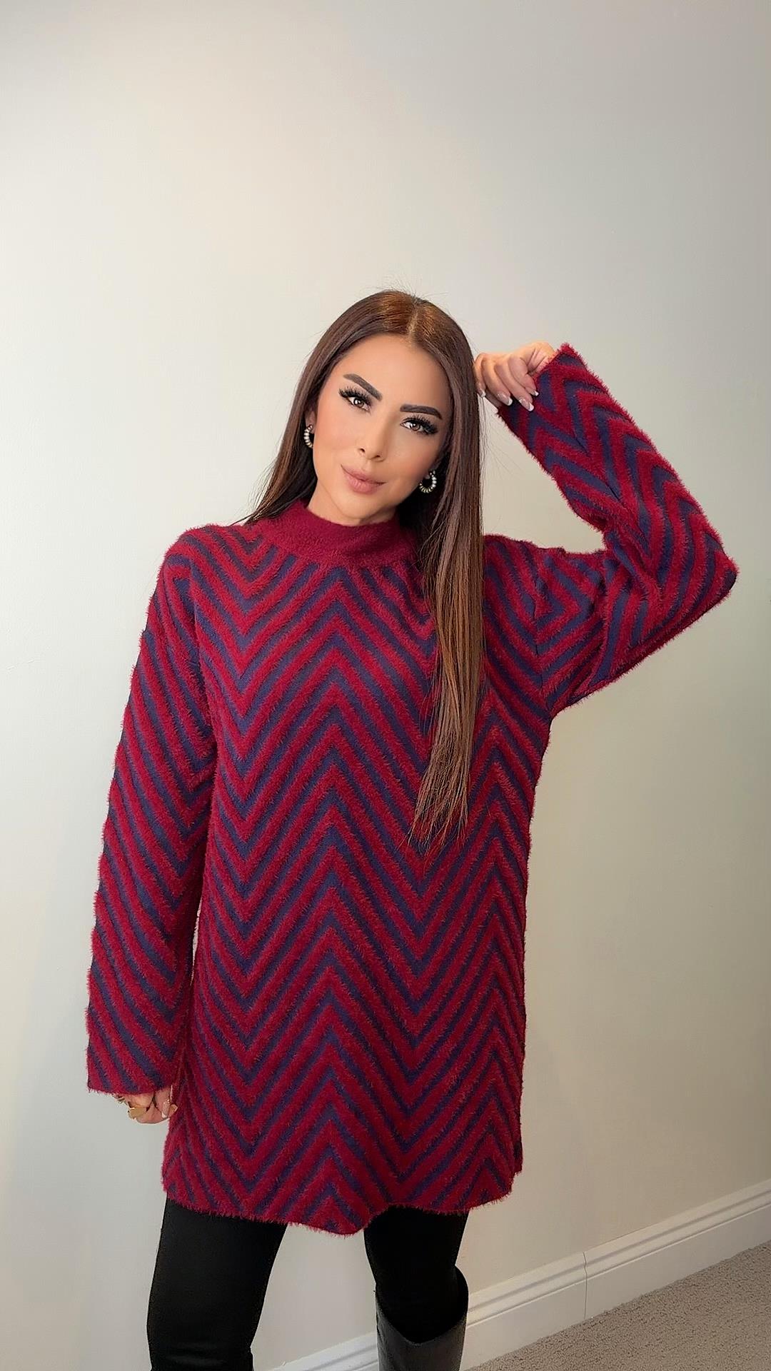 Zerane Kadın Bordo Lacivert Zigzag Desenli Tunik