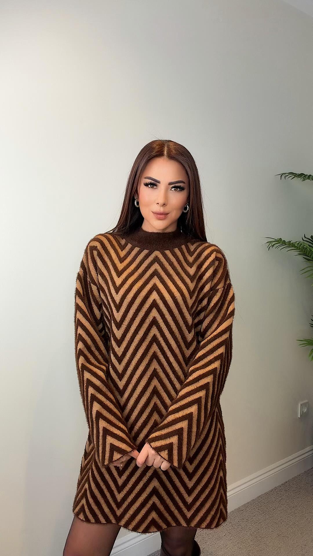 Zerane Kadın Kahverengi Bej Zigzag Desenli Tunik