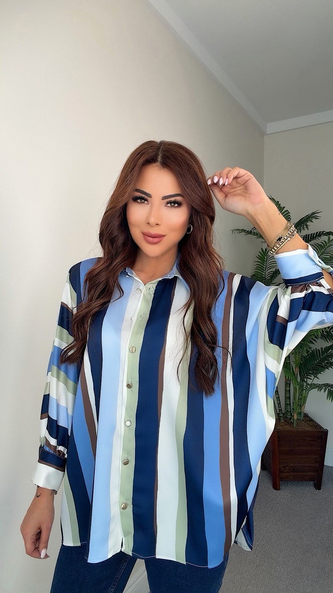 Zuan Kadın Lacivert Yeşil Çizgili Oversize Gömlek