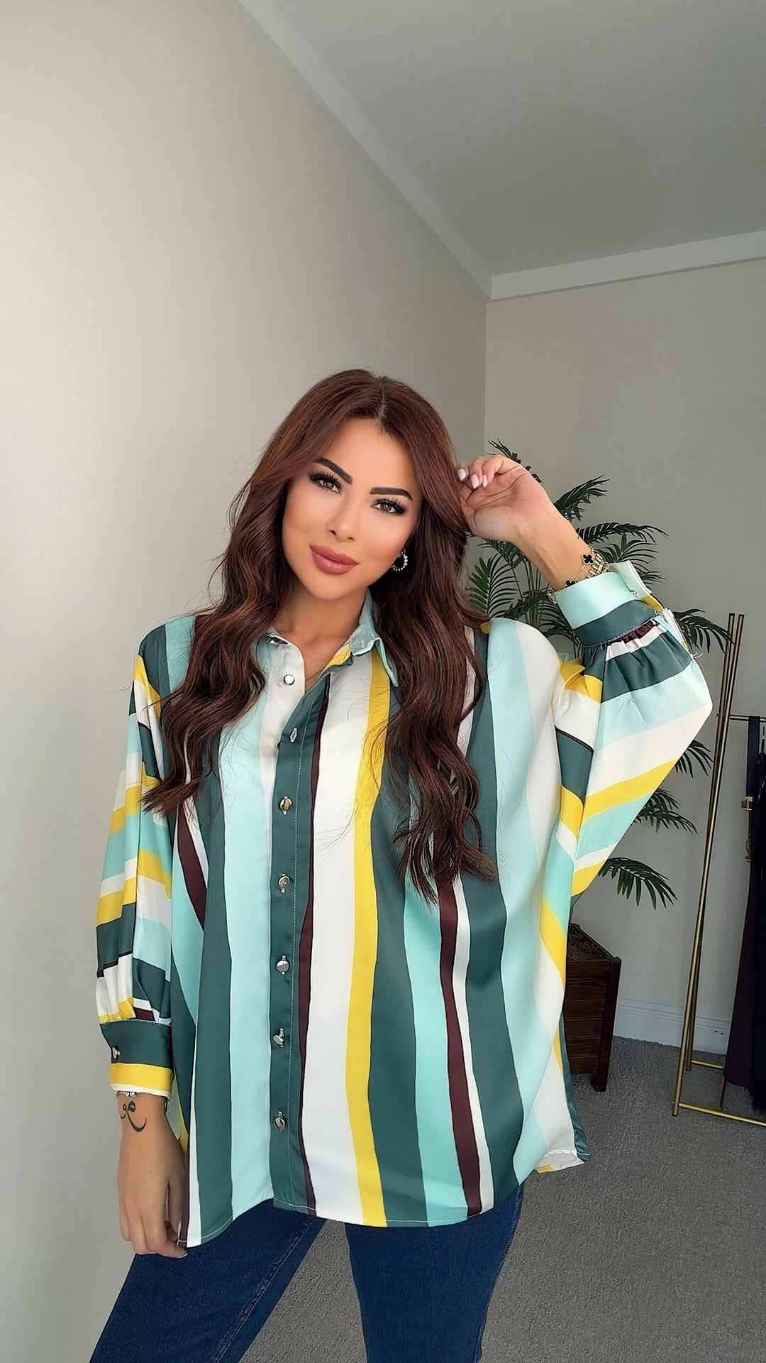 Zuan Kadın Yeşil Mavi Çizgili Oversize Gömlek