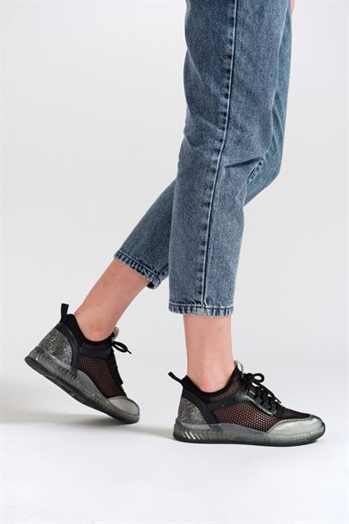 Miele arkası taş işlemeli fileli sneakers siyah