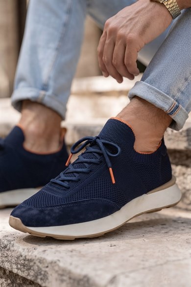 Delta Lacivert-Turuncu Triko & Hakiki Deri Sneaker