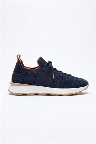 Delta Lacivert-Turuncu Triko & Hakiki Deri Sneaker