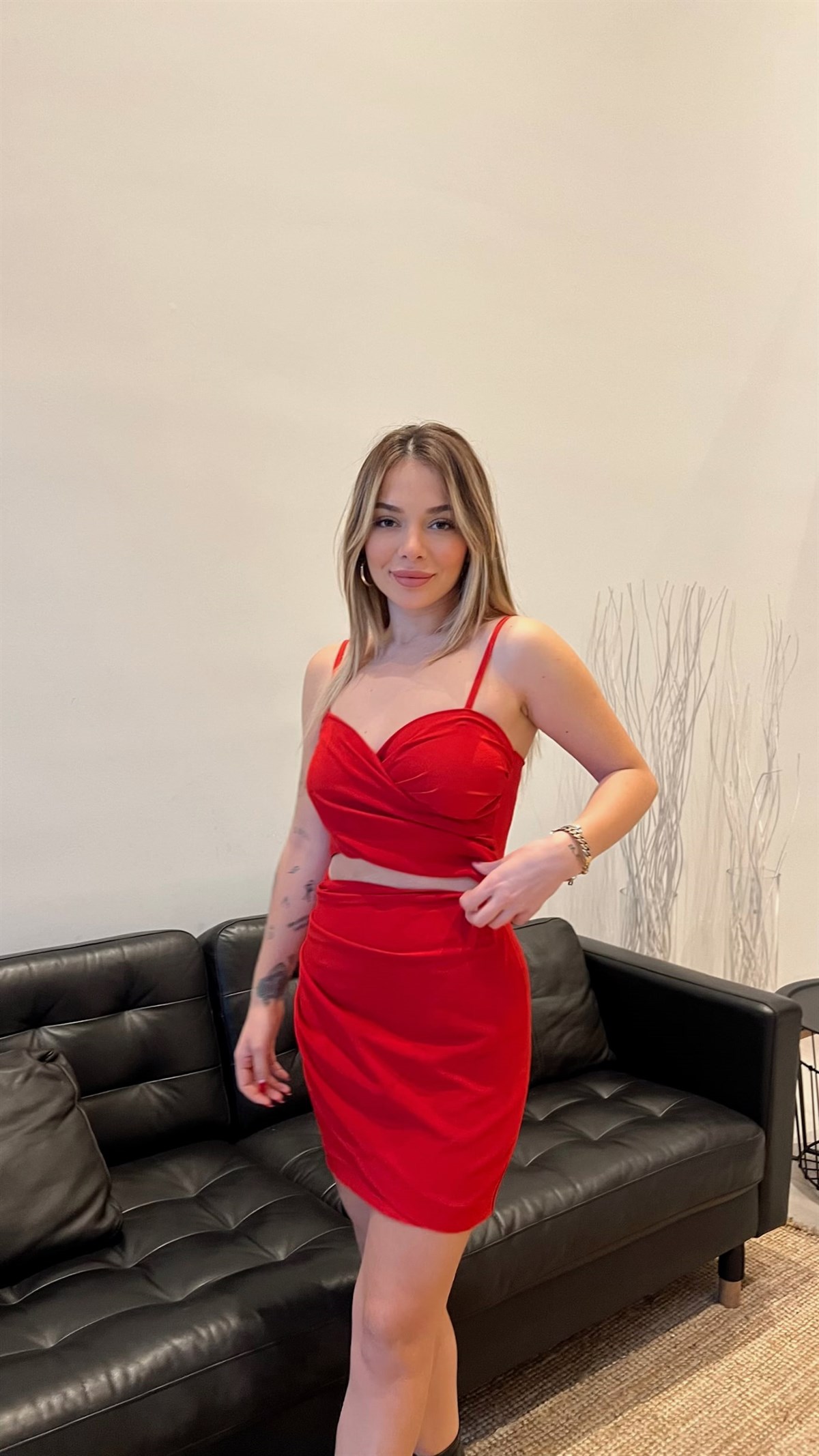 Kadın Kruvaze Yaka Mini Gece Elbisesi-Kırmızı - Valeria Vilson