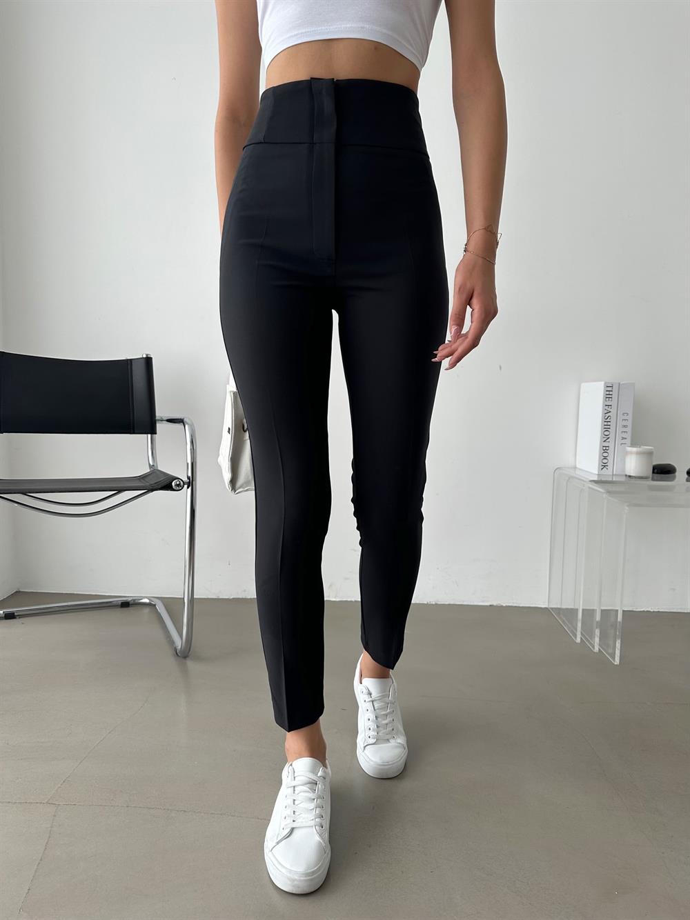 Kadın Yüksek Bel Dar Paça Kumaş Pantolon-Siyah - Valeria Vilson