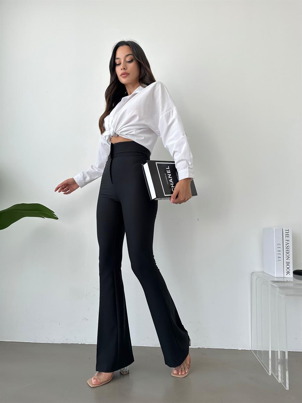 Kadın Yüksek Bel İspanyol Paça Kumaş Pantolon-Siyah - Valeria Vilson