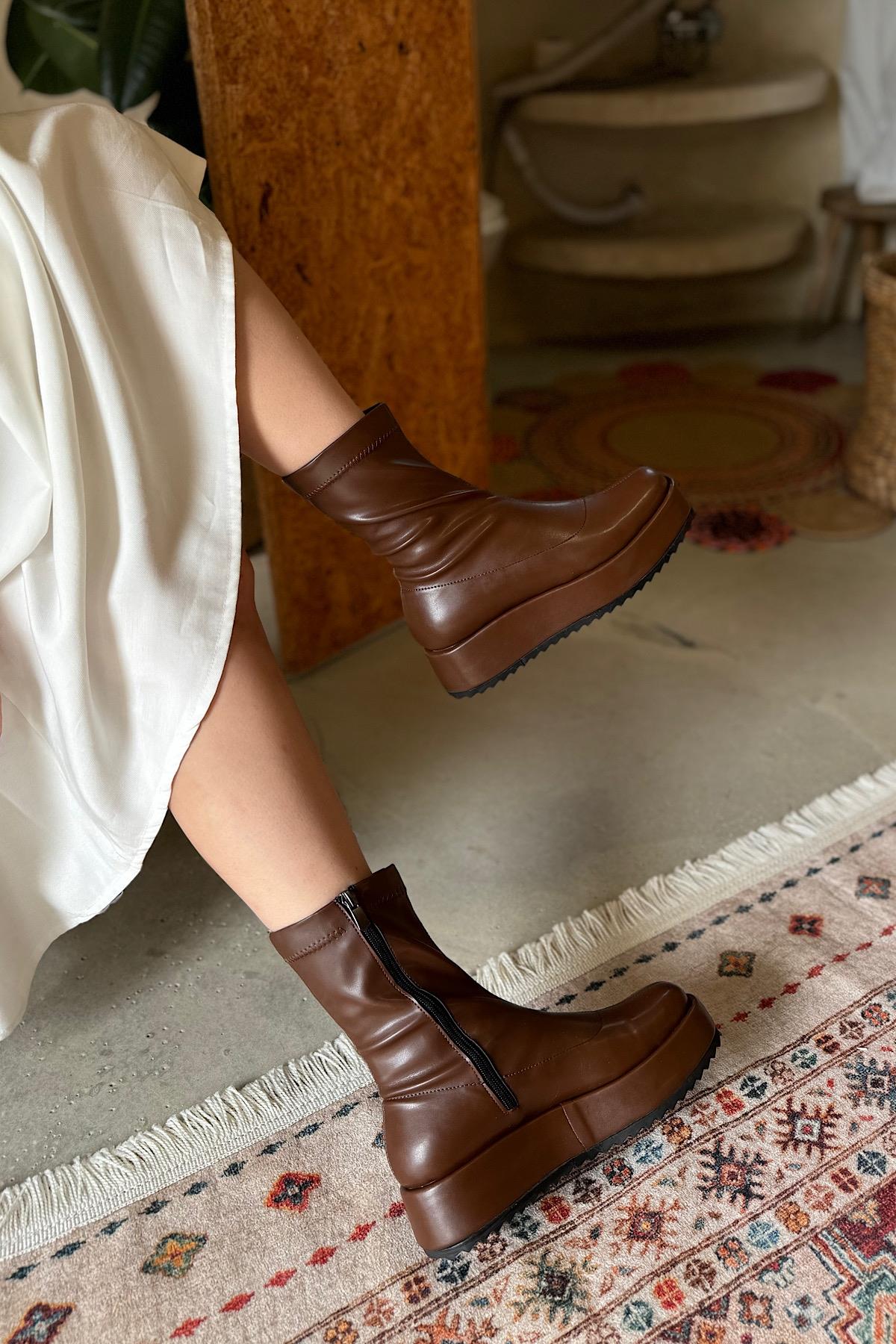Drok Acı Kahve Cilt Steç Fermuar Detaylı Kadın Bot