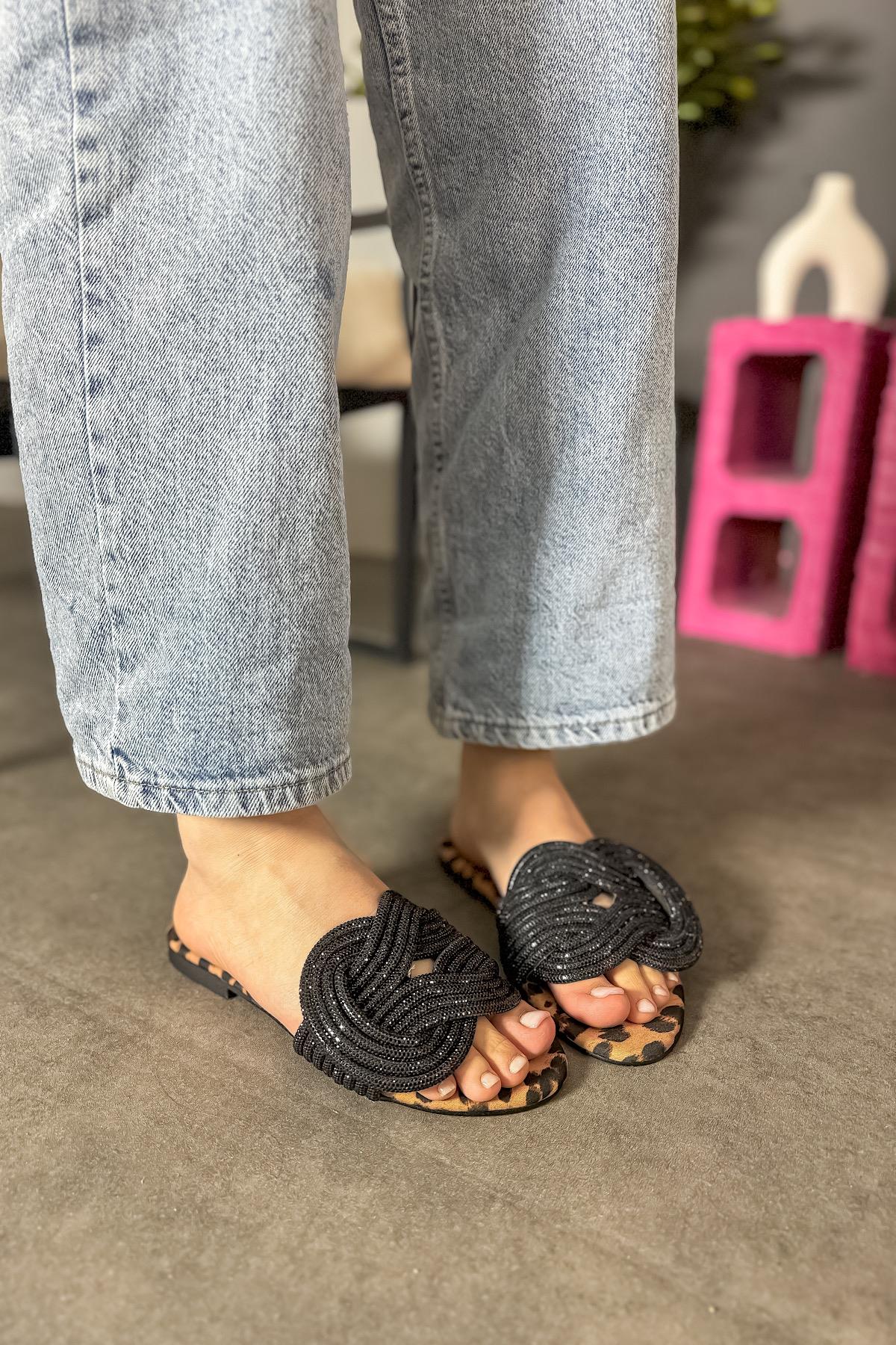 Fair Leopar Düğüm Taş Detaylı Kadın Terlik