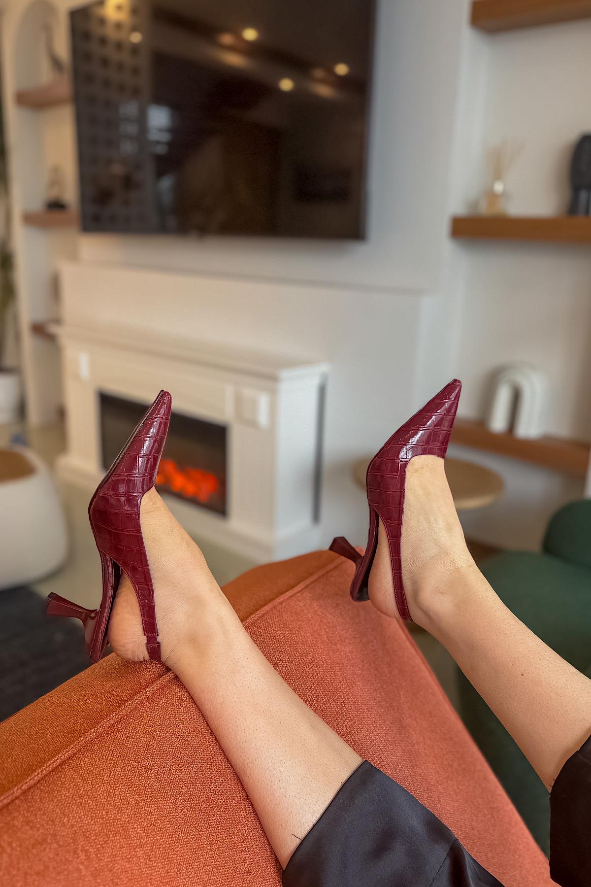 Kaçes Bordo Kroko Desenli Kadın Topuklu Ayakkabı