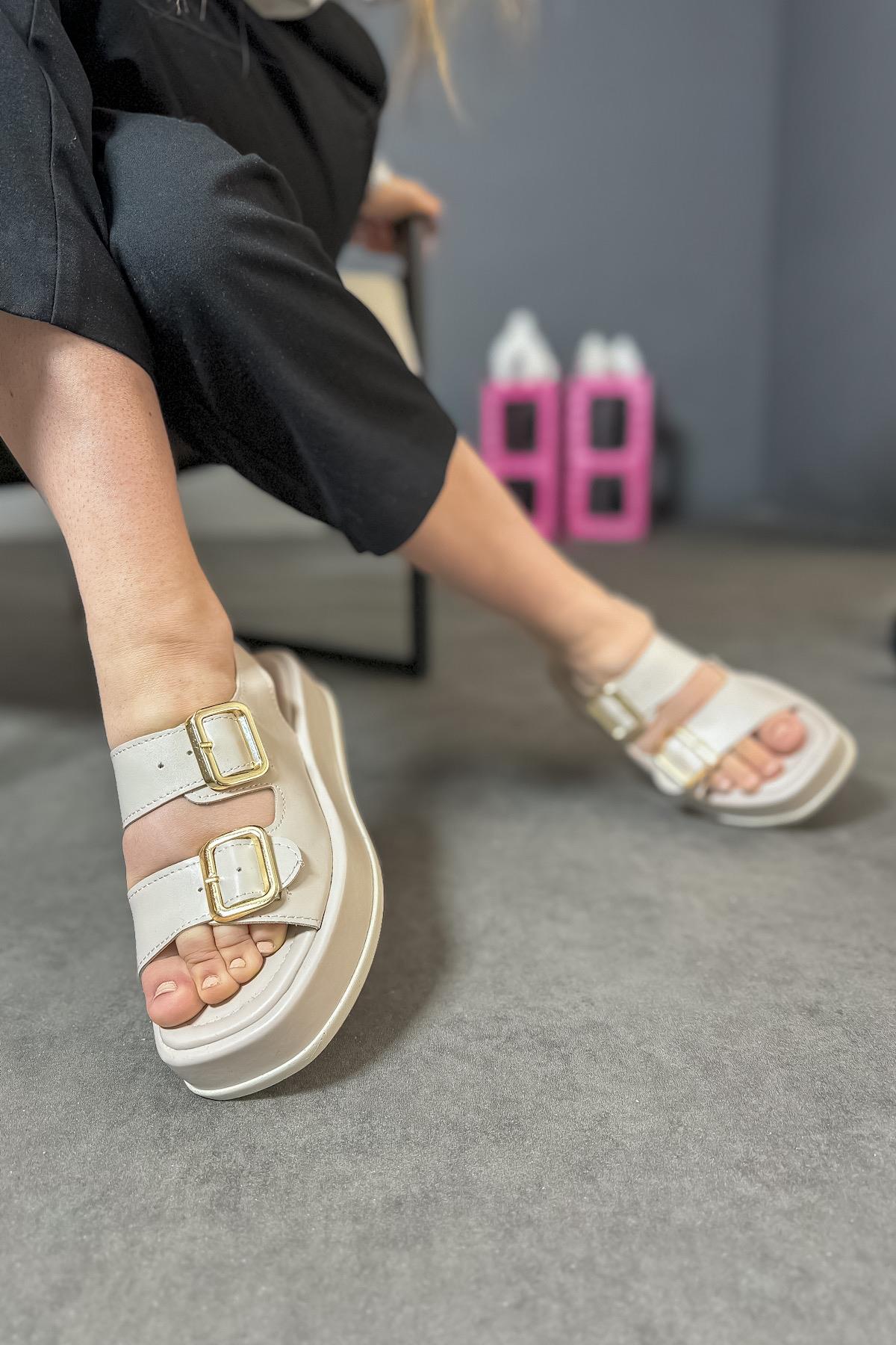 Lope Bej Çift Tokalı Kadın Sandalet