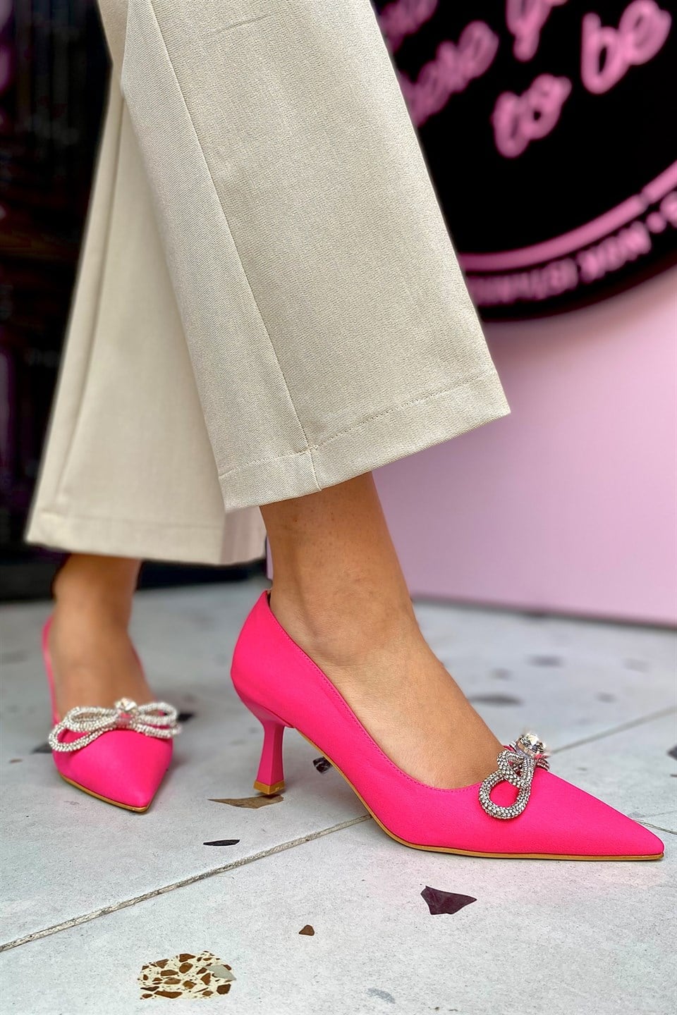 Mandy Fuşya Mat Saten fiyonklu stiletto