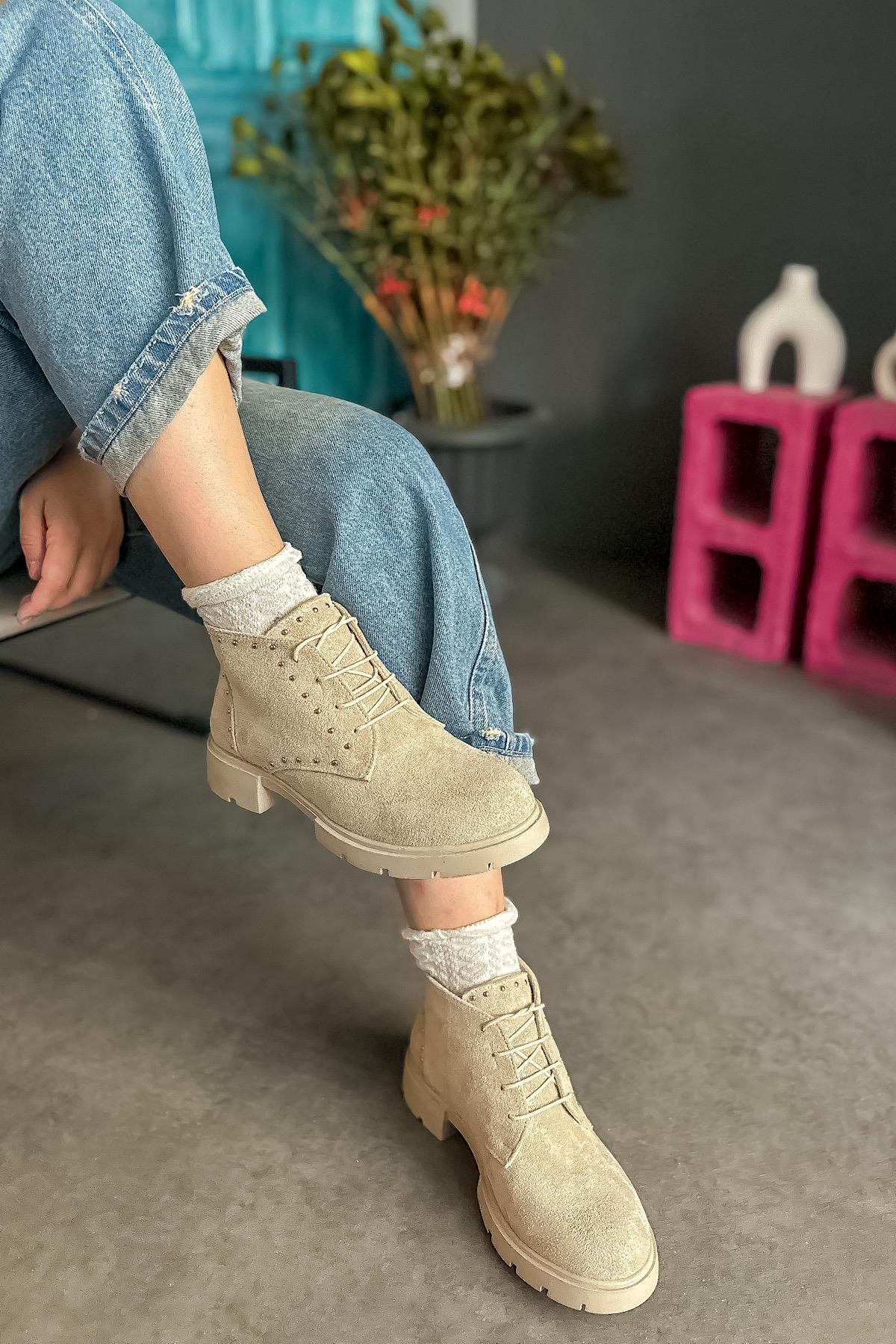 Meando Bej Süet Tasarım Kadın Bot