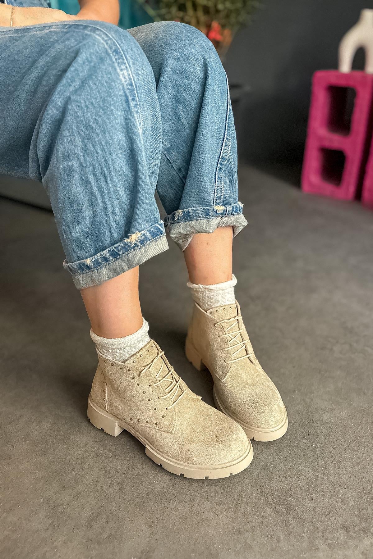 Meando Bej Süet Tasarım Kadın Bot