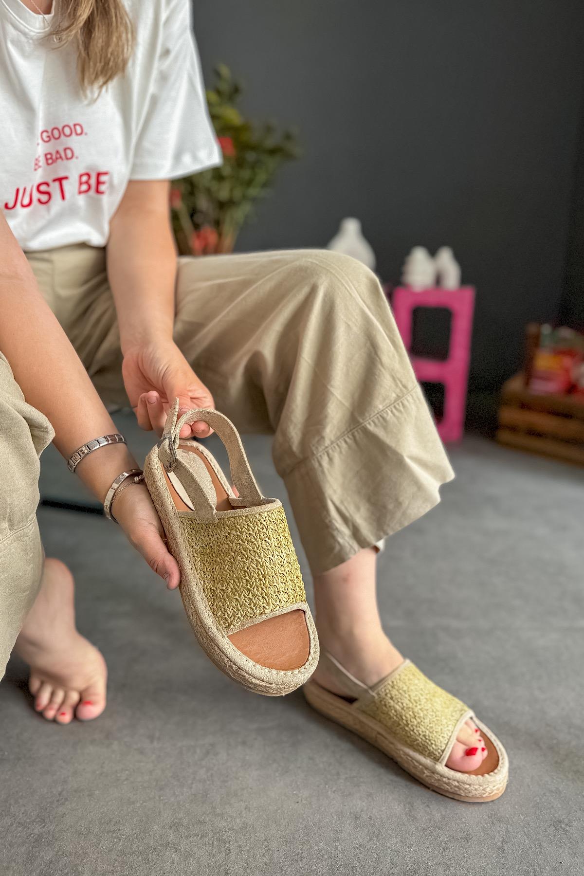 Merin Bej Hasır Biyeli Kadın Sandalet