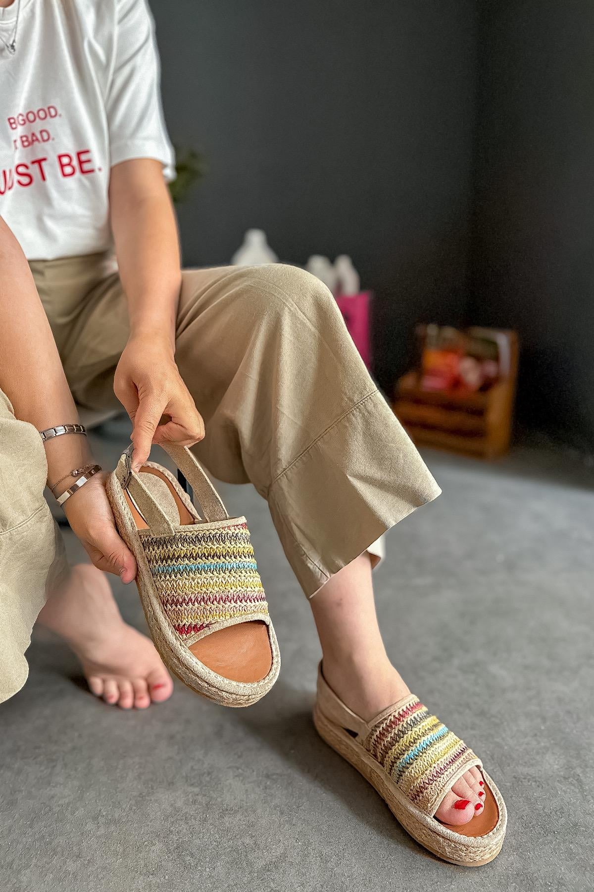 Merin Bej Hasır Biyeli Kadın Sandalet