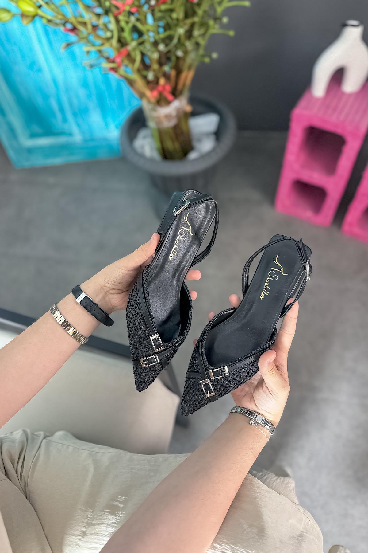 Miay Siyah Hasır İki Kemer Detaylı Kadın Babet