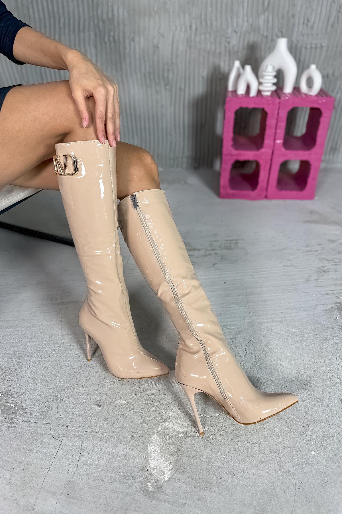 Minorka Bej Rugan Tokalı Kadın Topuklu kadın Çizme