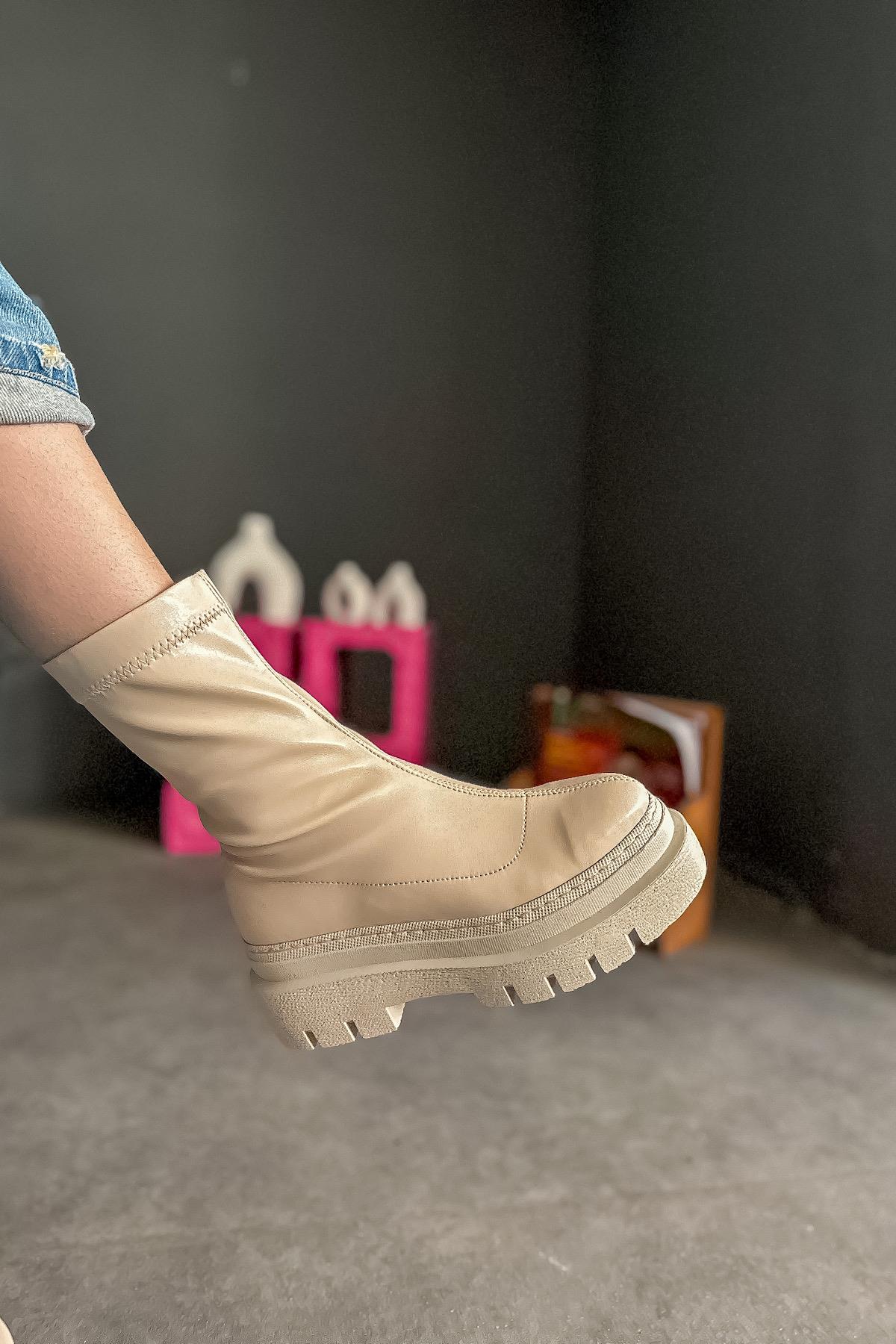 Sain Bej Cilt Steç Fermuarlı Kadın Bot