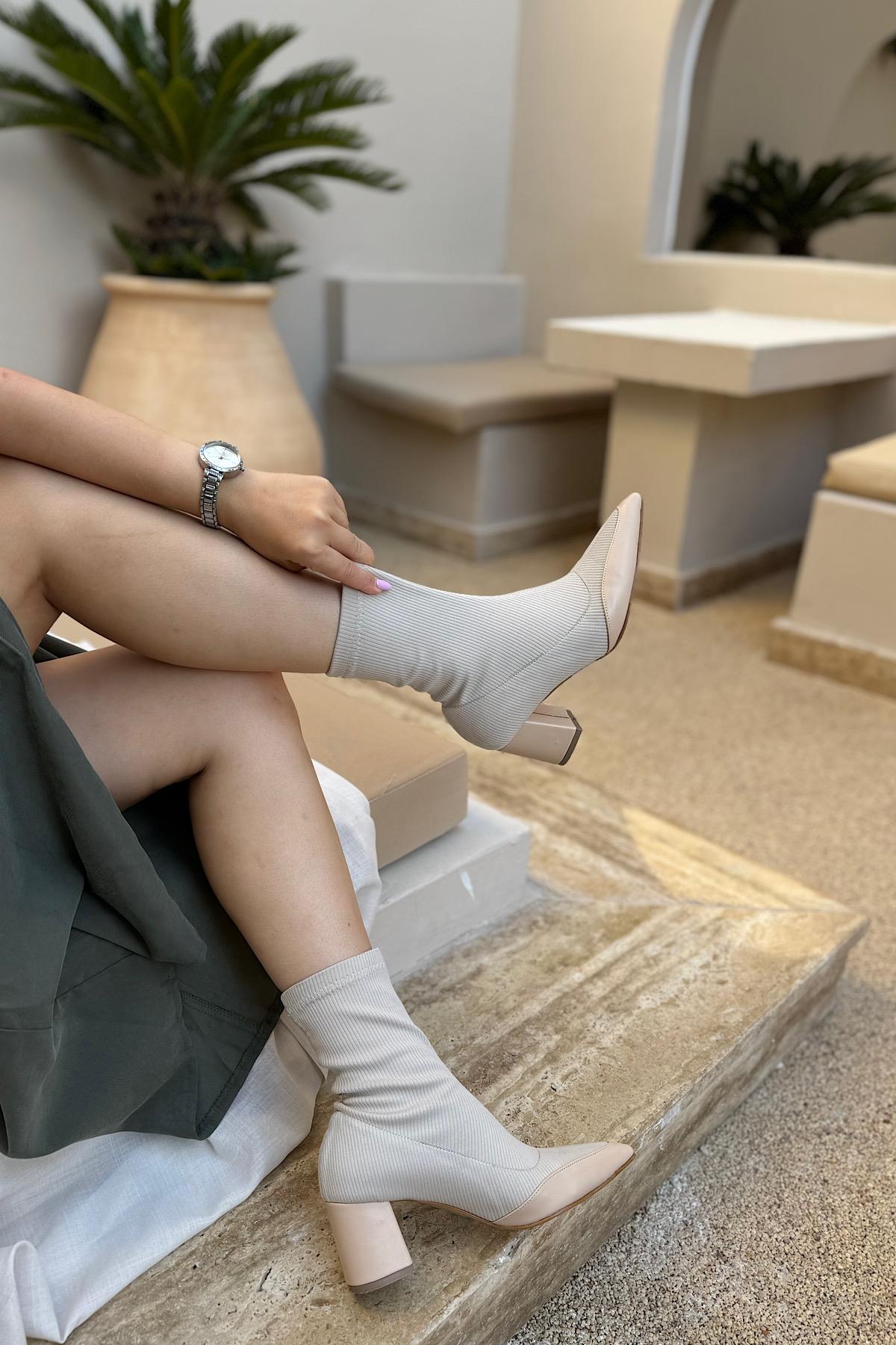 Shang Bej Triko Detaylı Kadın Topuklu Bot