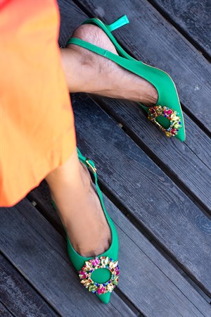 Alina Yeşil Renkli Taşlı Kadın Topuklu Ayakkabı