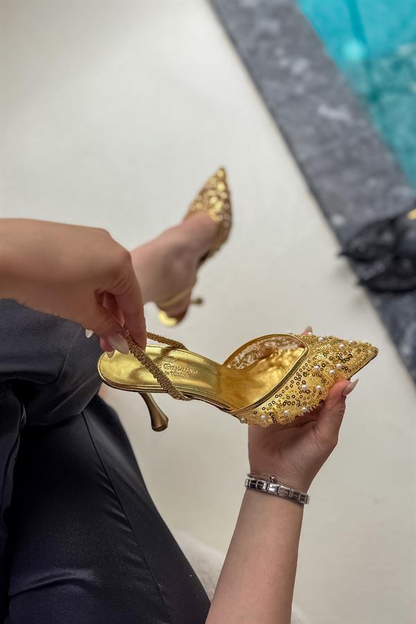 Anje Gold  Dantel Boncuk İşleme Detaylı Kadın Topuklu Ayakkabı