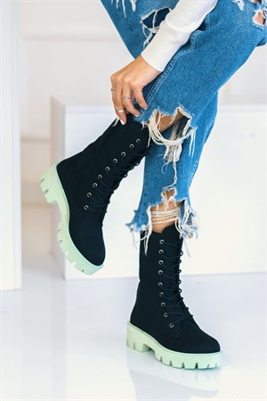 Avaley Siyah Süet Yeşil Taban Bağlı Bot