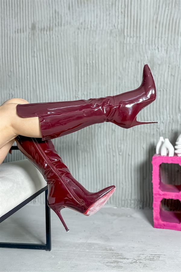 Beige Vişne Çürüğü Rugan Kadın Topuklu Çizme